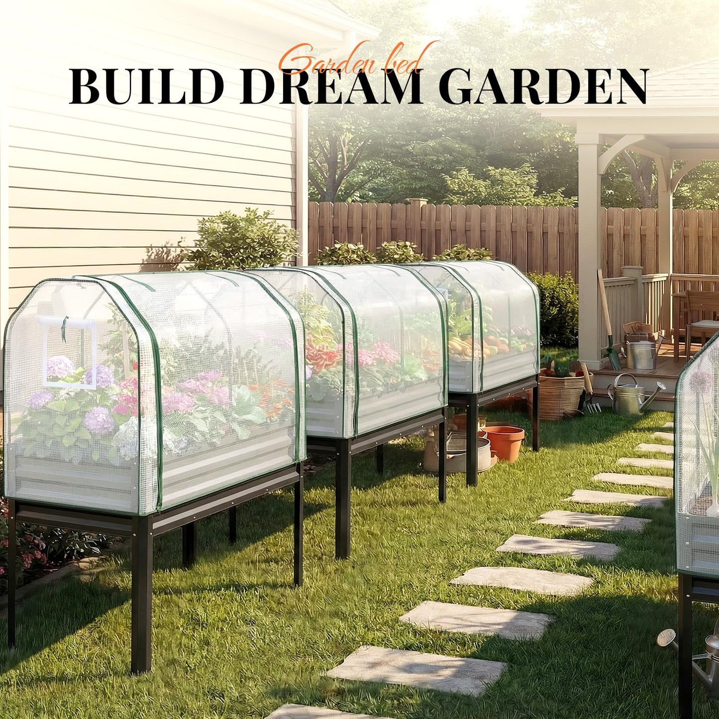 KING BIRD Large Raised Garden Bed with Cover Galvanized Elevated Planter Box with Legs 48×24×56 in for Backyard, Patio, Balcony, 700lb Capacity, Dark Grey