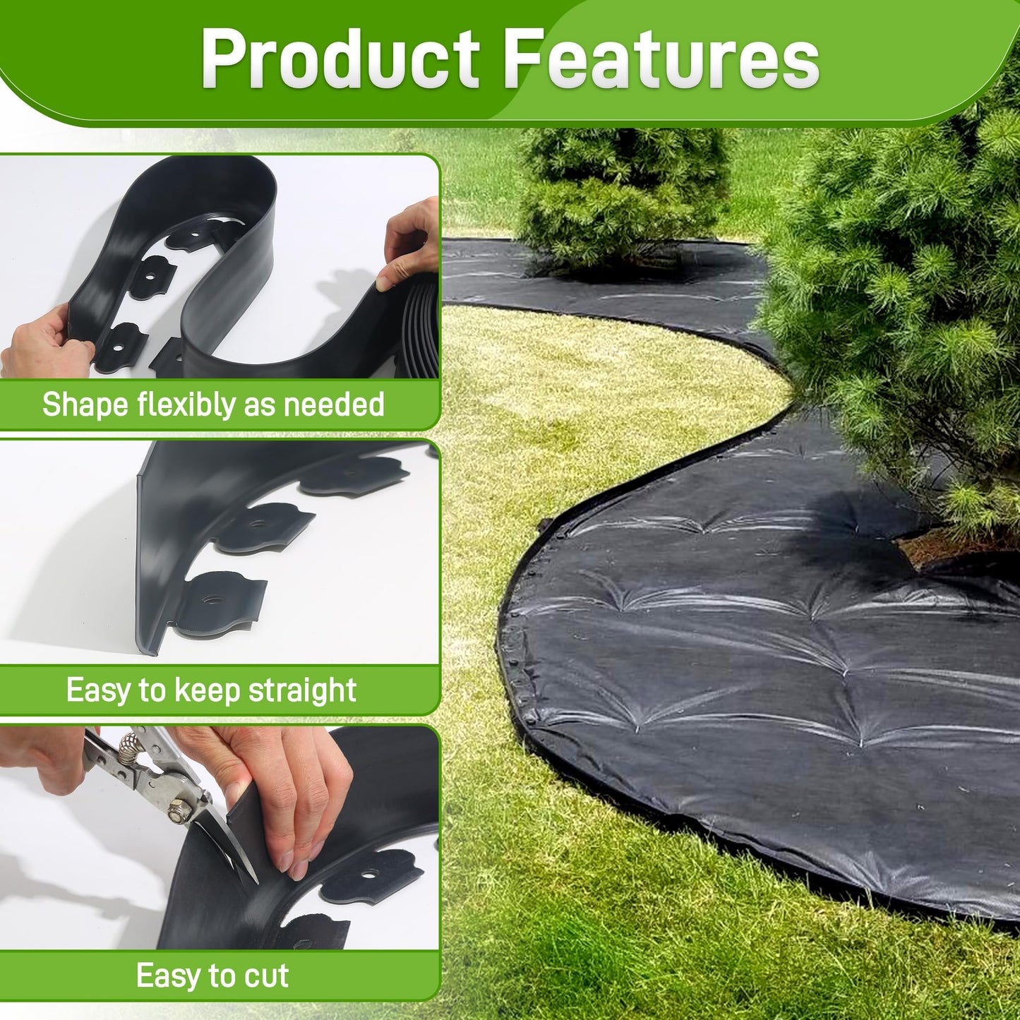 Quibbay 3.15" x 50' No Dig Landscape Edging, Plastic Garden Edging Borders with 75 Anchoring Spikes, Flexible Lawn Edging for Landscaping Garden Flower Beds Grass Yard Paver Pathway, Black