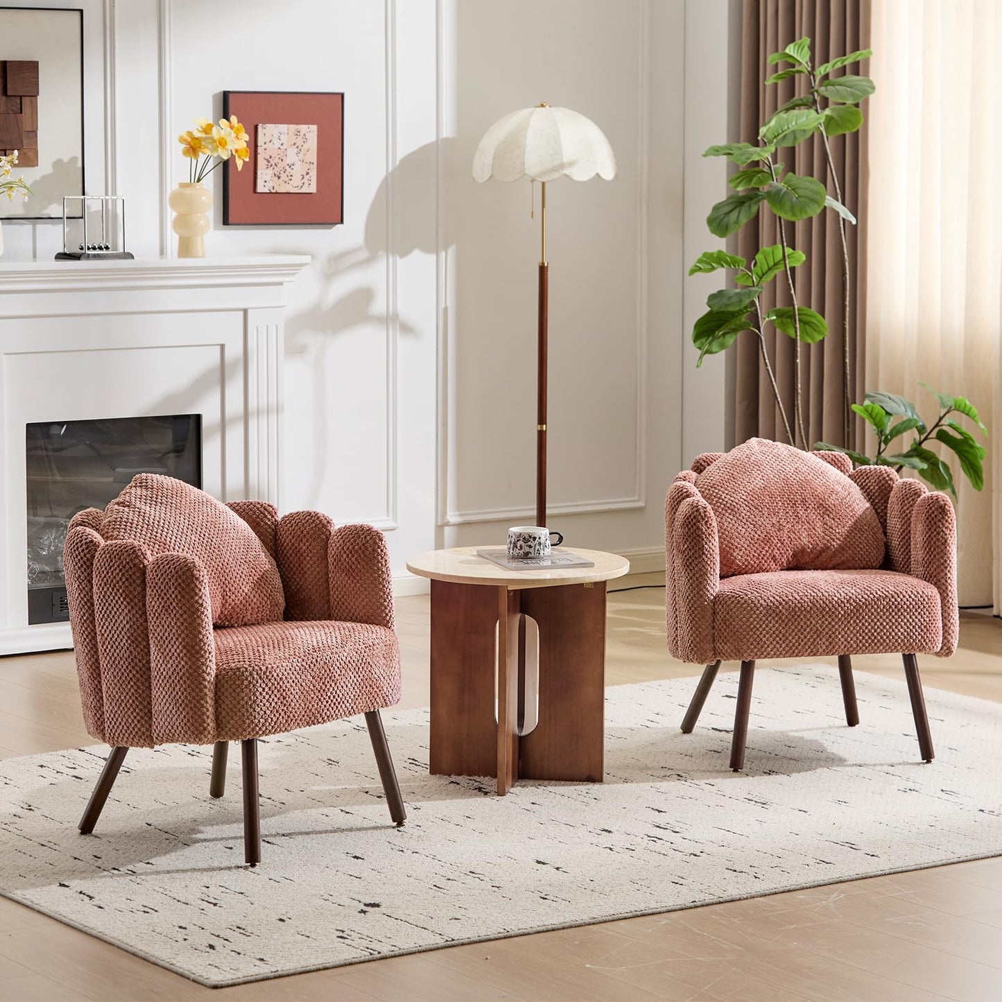 Furniliving Pink Vanity Chair, Velvet Accent Chair for Living Room, Shell Chairs with Wooden Legs, Makeup Chair for Bedroom, Armchair Cute Petal Reading Chair with Pillow