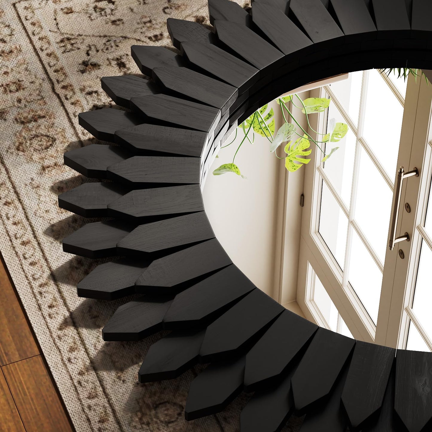 VETROVUE 24 Inch Black Boho Wall Decor Sunburst Mirror - Round Wooden Wall Decor, Handmade Rustic Circular Mirror for Living Room, Bedroom, Entryway, Office