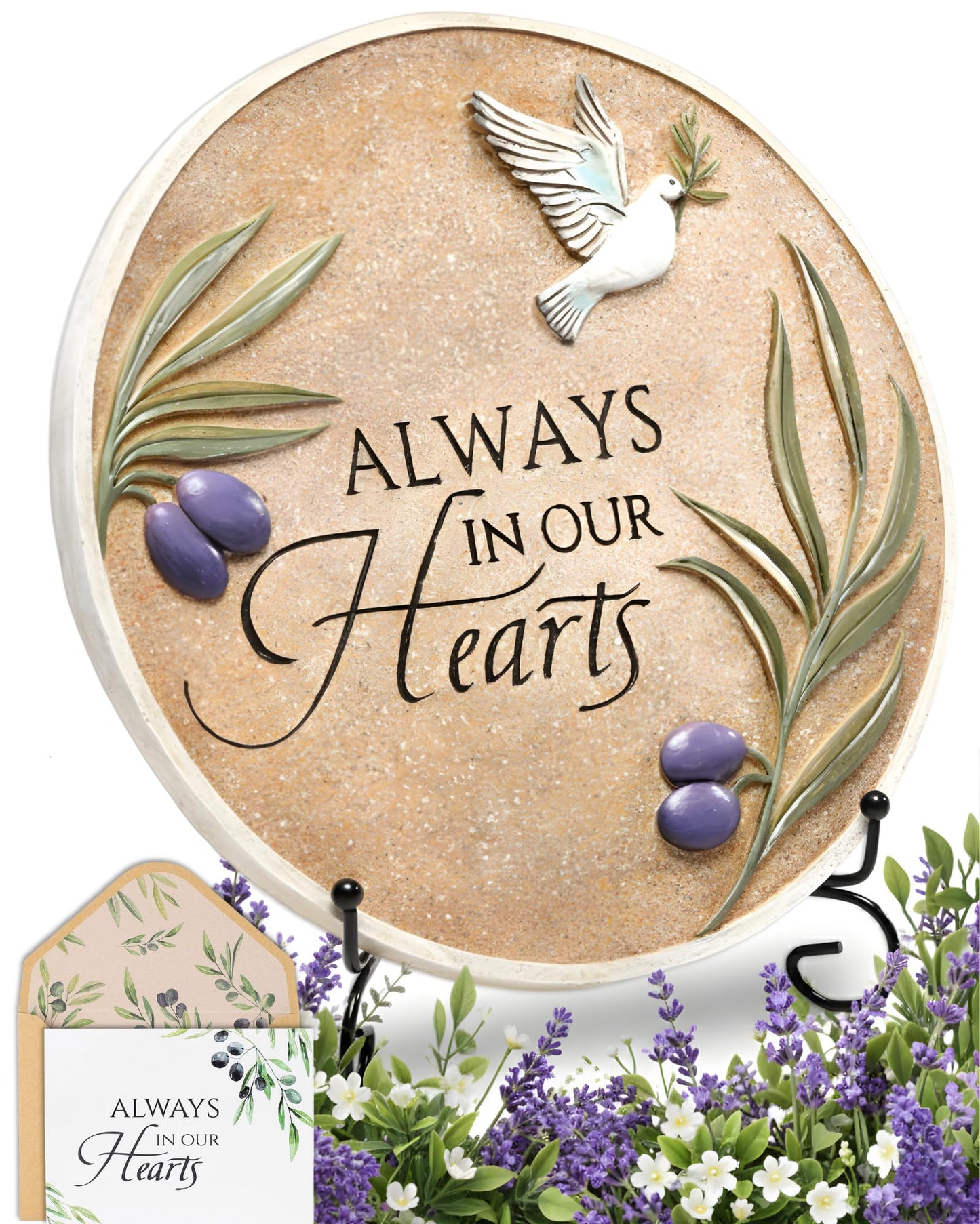 Stunning Garden Memorial Stone with Stand & Sympathy Card (10") - Artist Designed Peace Dove Amongst the Olive Branches - Ideal for Garden Decor, Memorial Gifts & Sympathy Gifts for Loss of Loved One