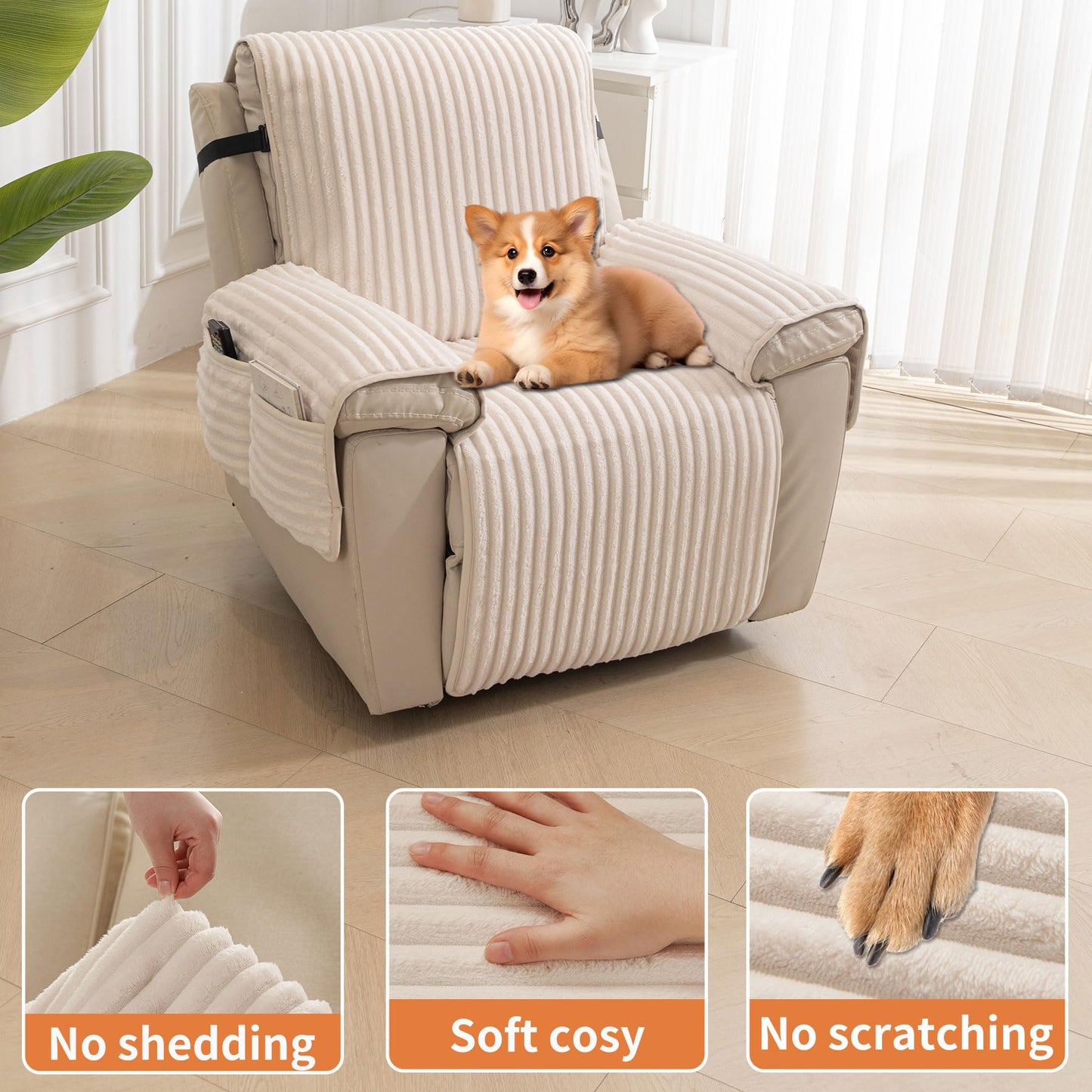 HAOMAIJIA Faux Fur Recliner Chair Covers Non-Slip Waterproof Recliner Covers That Stay in Place Warm Thick Lazy Boy Recliner Cover for Dogs Furniture Protector Pet Friendly (Off White, 23'')