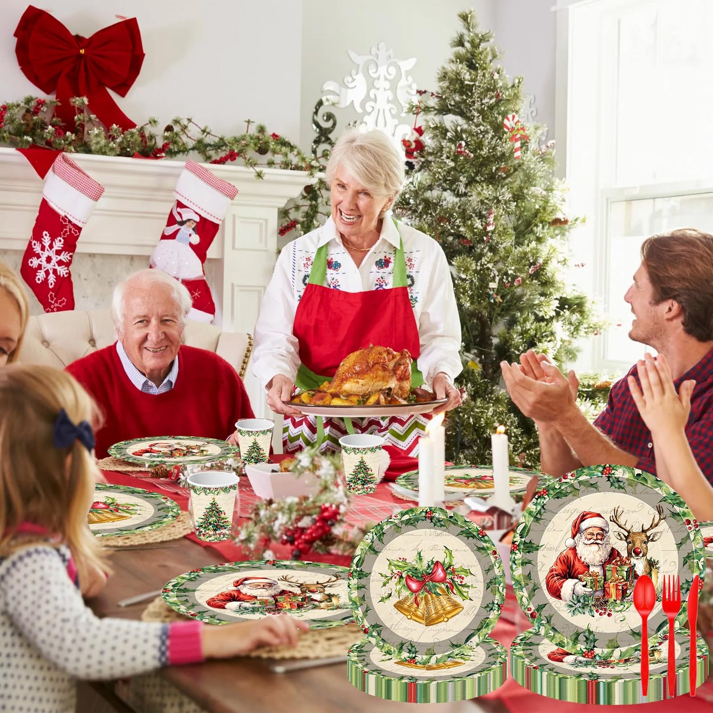 140 Pcs Christmas Party Supplies Set, Disposable Dinnerware Set for 20 Guests Includes 7 & 9 Inch Santa & Reindeer Paper Plates, Napkins, Cups, Forks, Spoons, Knives for Holiday Tableware