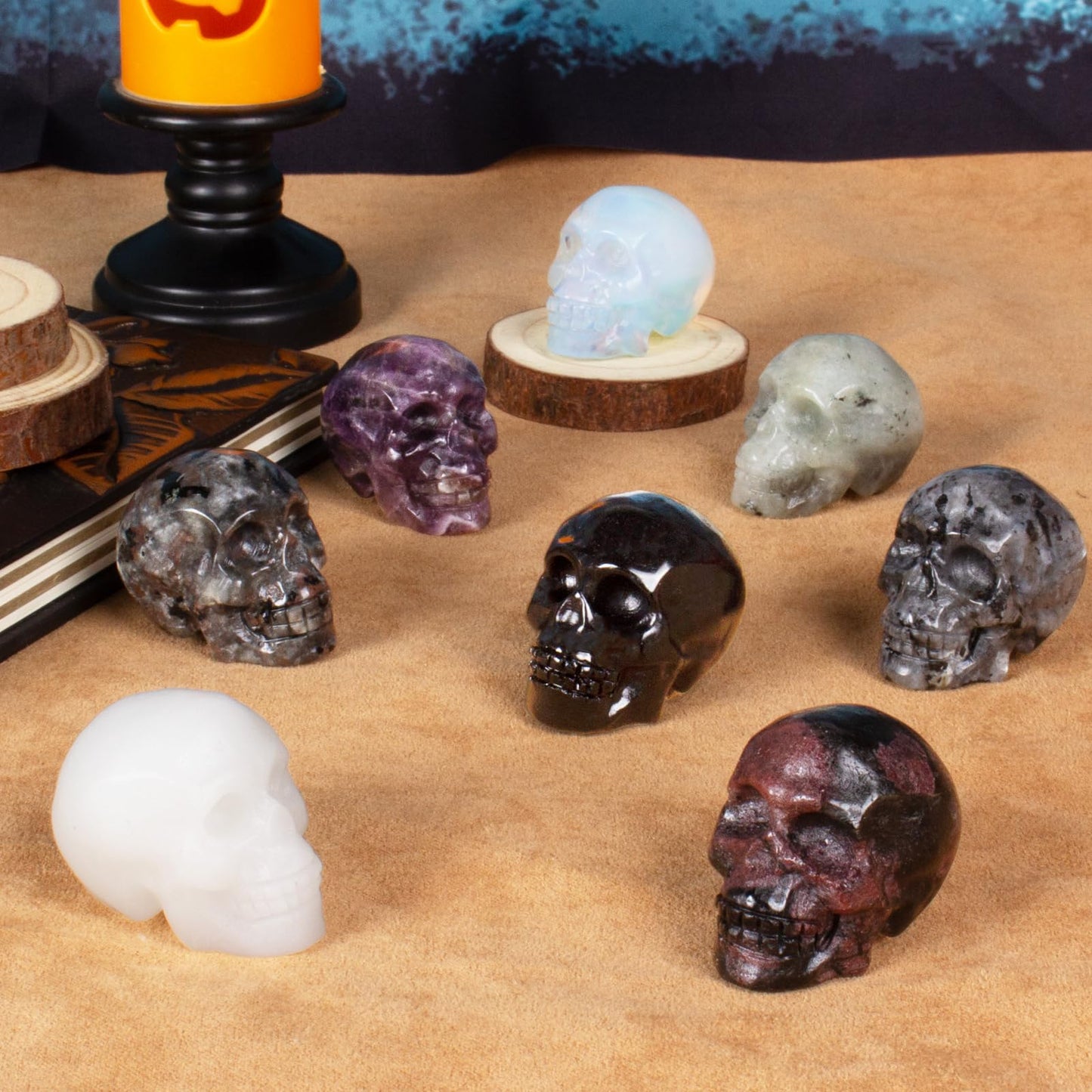 Hguxmcu Yooperlite Crystal Skull, 1.4 Inch Miniature Hand Carved Reiki Healing Pocket Stone, Small Collectible Skull Figurine for Altar Home Office Decor, Crystal Statue Meditation Gift for Men Women