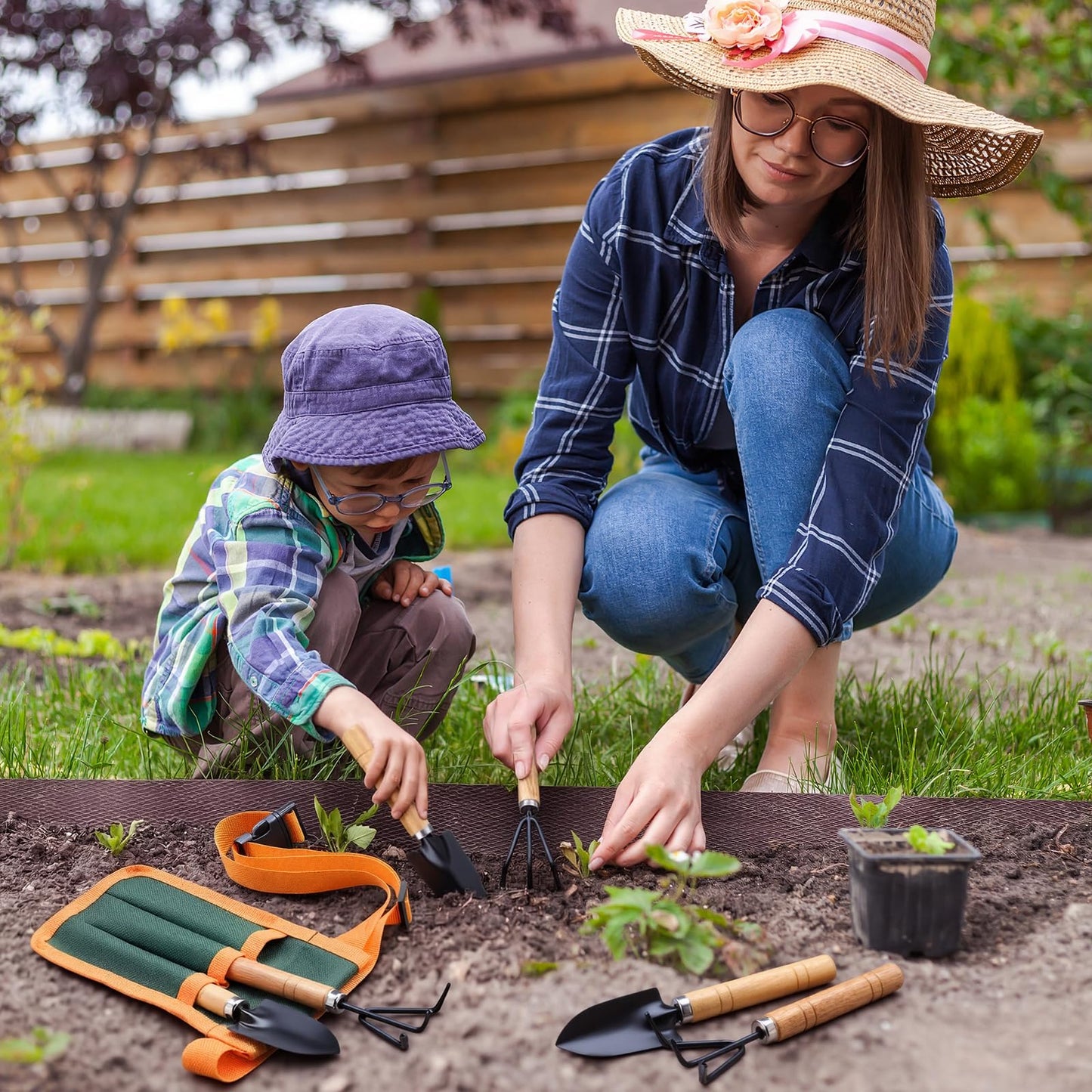 Lanties 20 Pieces Kids Gardening Tool Belt Set Include 10 Pieces Adjustable Gardening Belt, 10 Sets Shovel, Rake, Spade for Planting Loosening Digging DIY Building Hand Tools Gift, Outdoor Activities