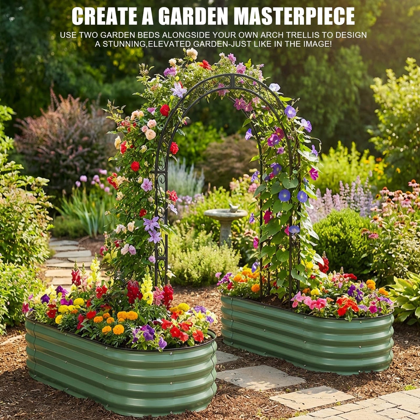STBoo Galvanized Raised Garden Bed Outdoor, 2Pcs 4x2x1ft Oval Planter Box with Rubber Strip, Metal Raised Bed Kit for Vegetables Flowers Herbs, Olive Green
