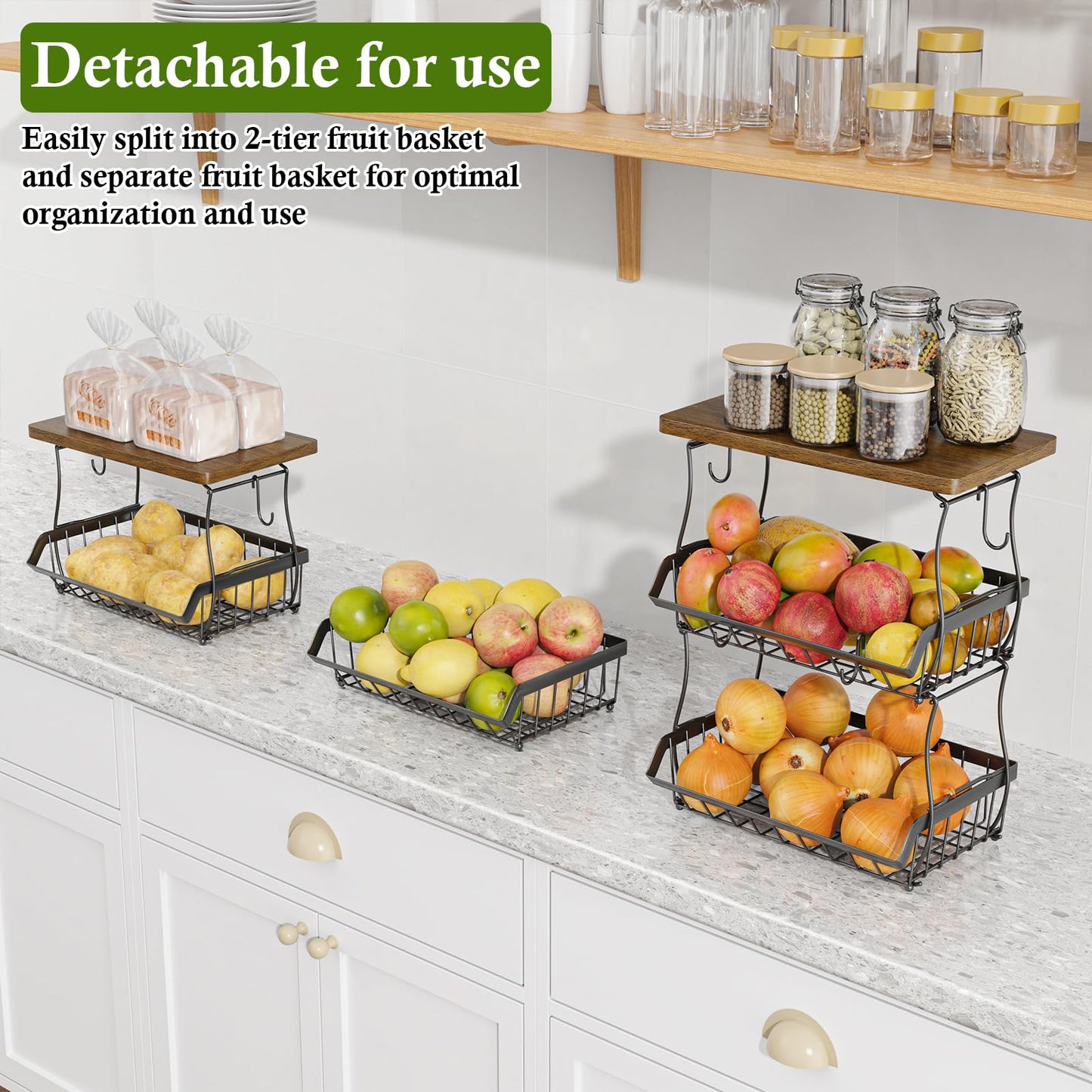 OKZEST 3-Tier Fruit Basket for Kitchen Counter with Banana Hangers, Countertop Organizer Fruit Bowls with Wood Top, Fruit Storage Basket Stand for Storage Potato Onion Bread Snack Fruit Veggie