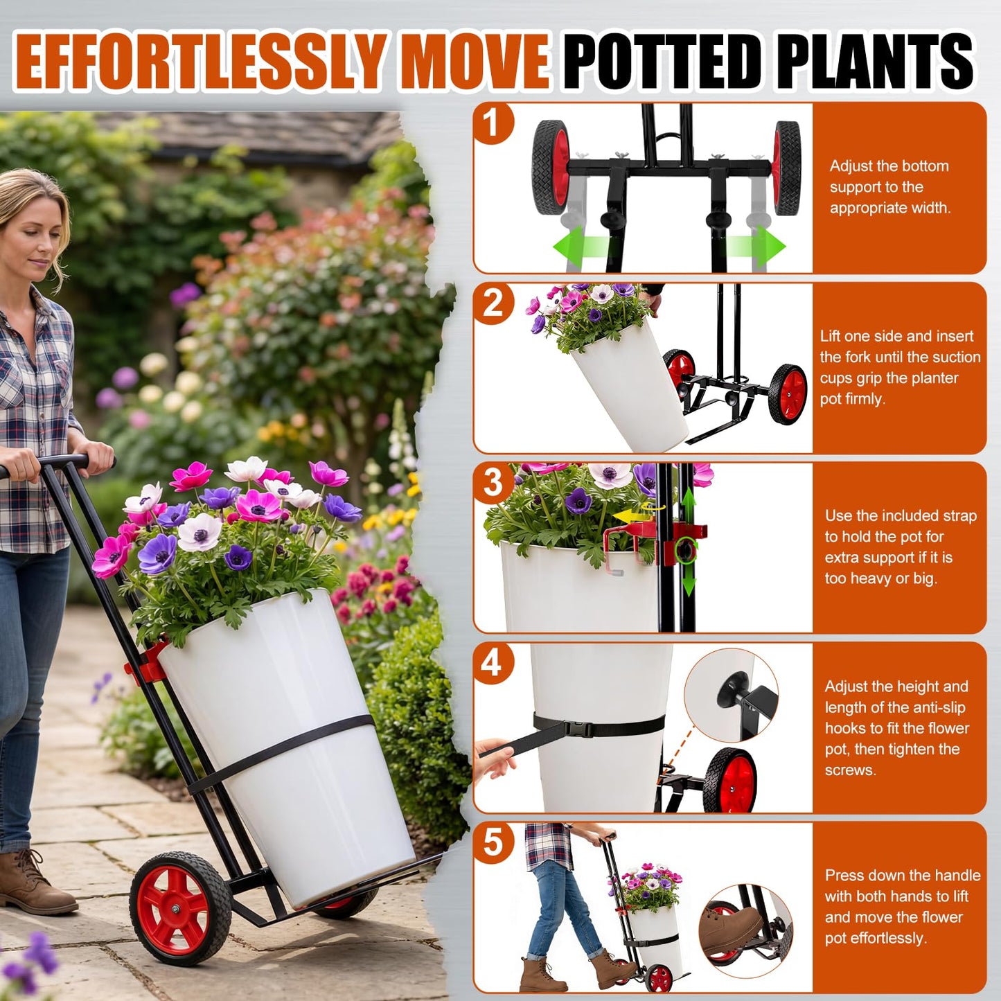 Garden Plant Dolly Cart with Wheels, Heavy Duty Plant Caddy with Adjustable Grabbing Arm, Potted Plant Mover with Suction Cups & Secure Strap, Indoor and Outdoor Gardening Cart Plant Pot Lifter