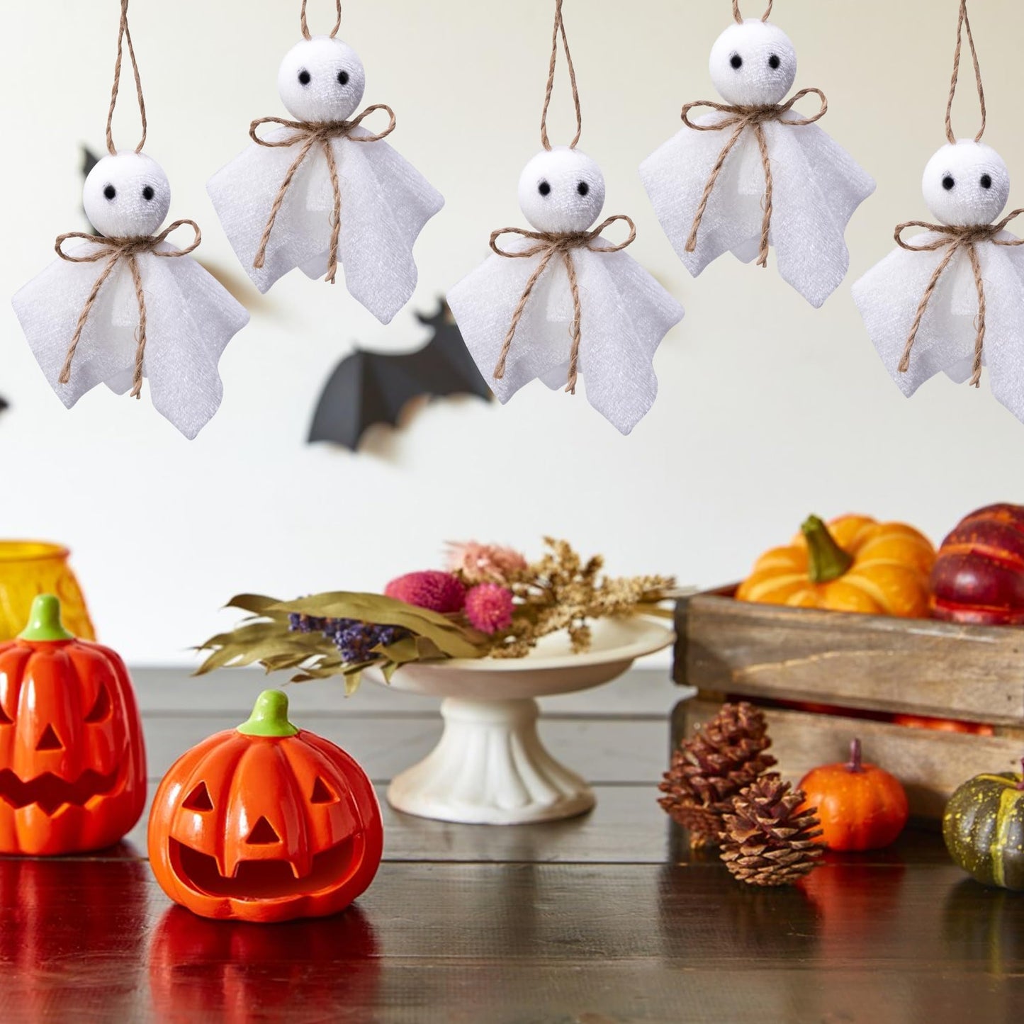 Watayo 16 Pcs Halloween Ghost Hanging Ornaments, 3 Inch Small Hanging Ghosts Tree Ornaments, Farmhouse Rustic Cloth Ghosts Hanging Decoration for Haunted House Party Yard Tree Decor