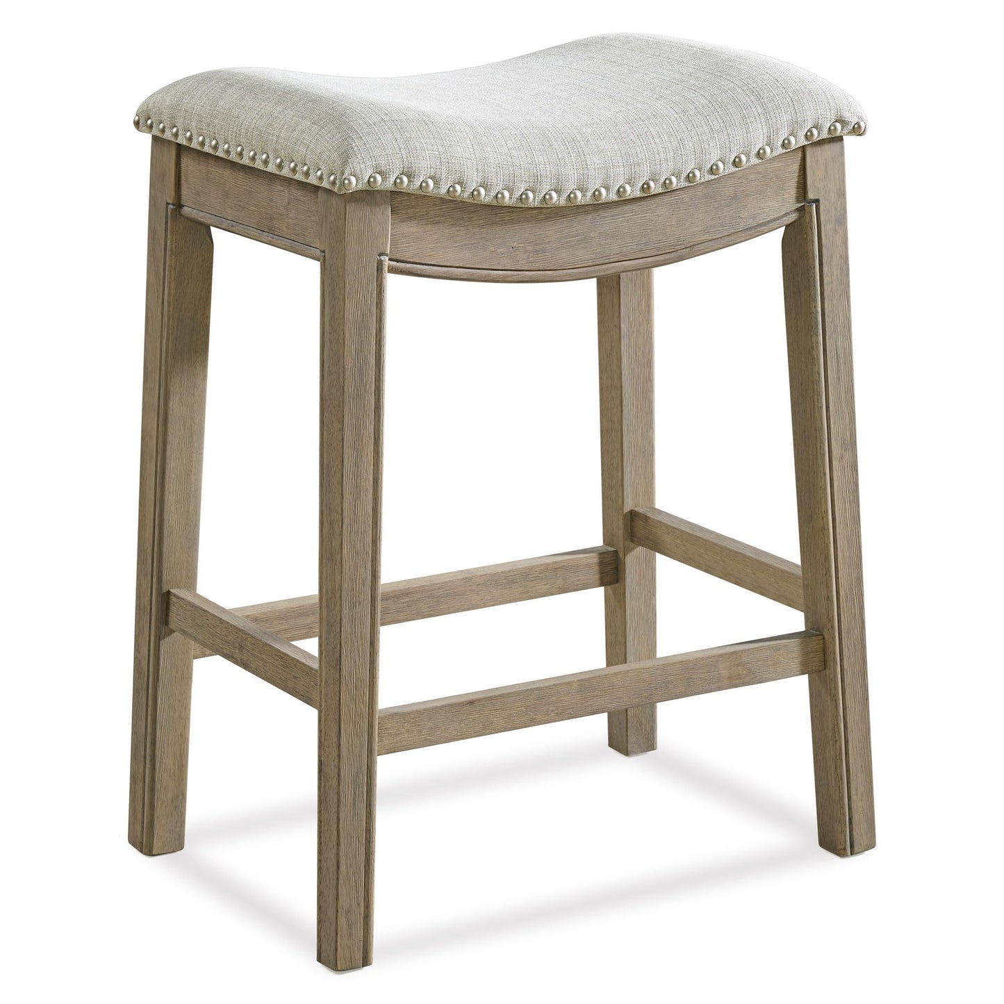 ROME + OAK Parker 26 Inch Counter Stool, Backless Saddle Kitchen Barstool in Reclaimed Oak Finish with Ash Grey Fabric Upholstery Cushion Seat