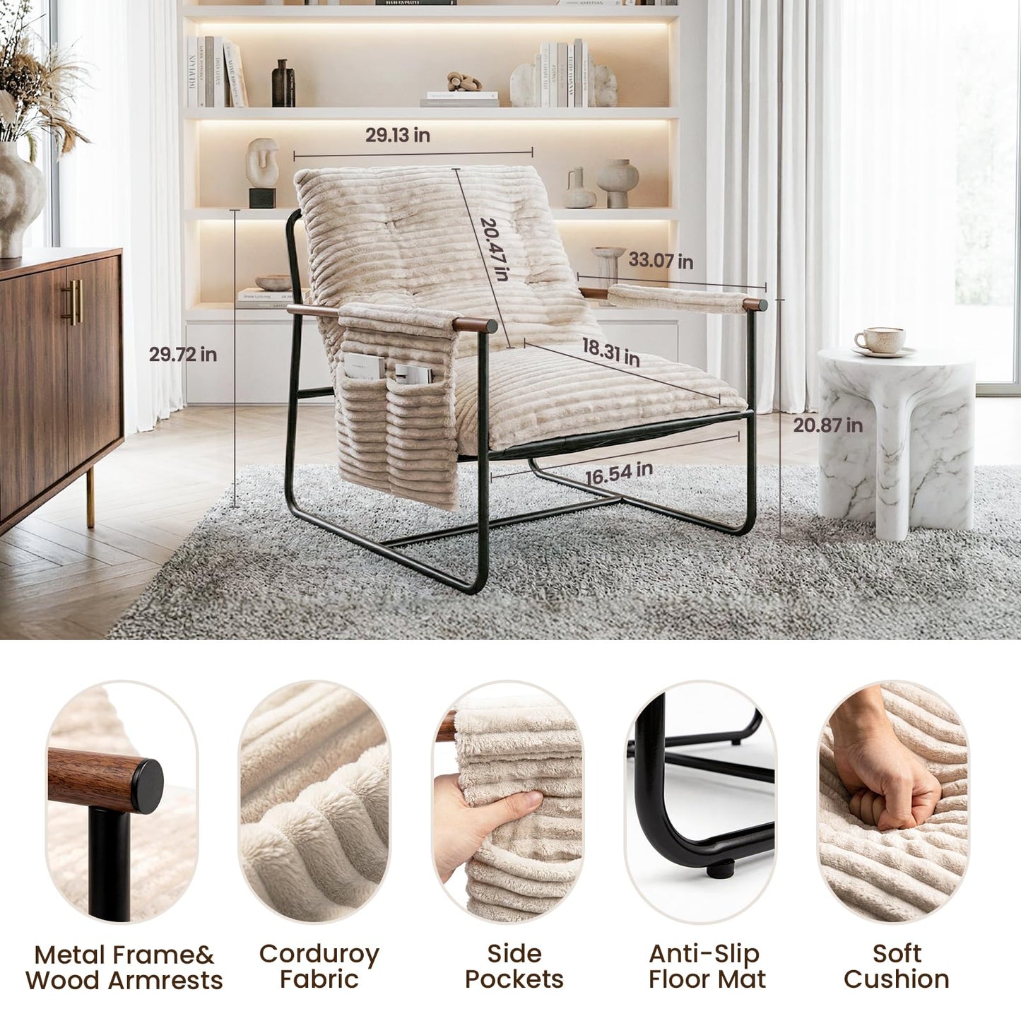 Comfy Accent Chair Modern Living Room Chair Cozy Lounge Chairs Oversized Armchair With Wood Armrests Sturdy Metal Frame Upholstered Reading Chair Soft Cushion sofa Chairs For Bedroom Balcony Porch