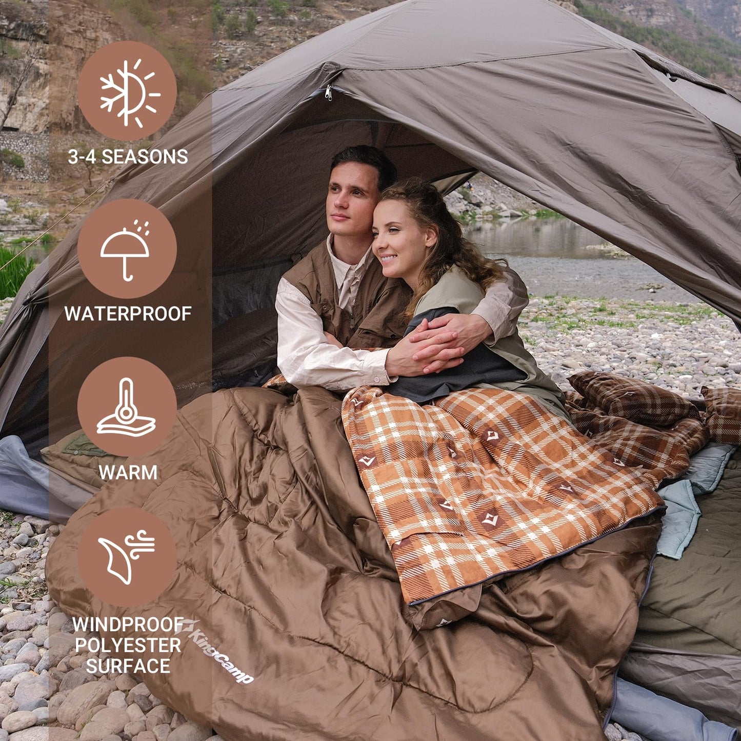 KingCamp Double Sleeping Bag for Adults, Queen Size 2 Person XXL Flannel Sleeping Bag, Waterproof Lightweight Flannel Quilt with 2 Pillows, Perfect for Couples Family Camping Hiking, Coffee