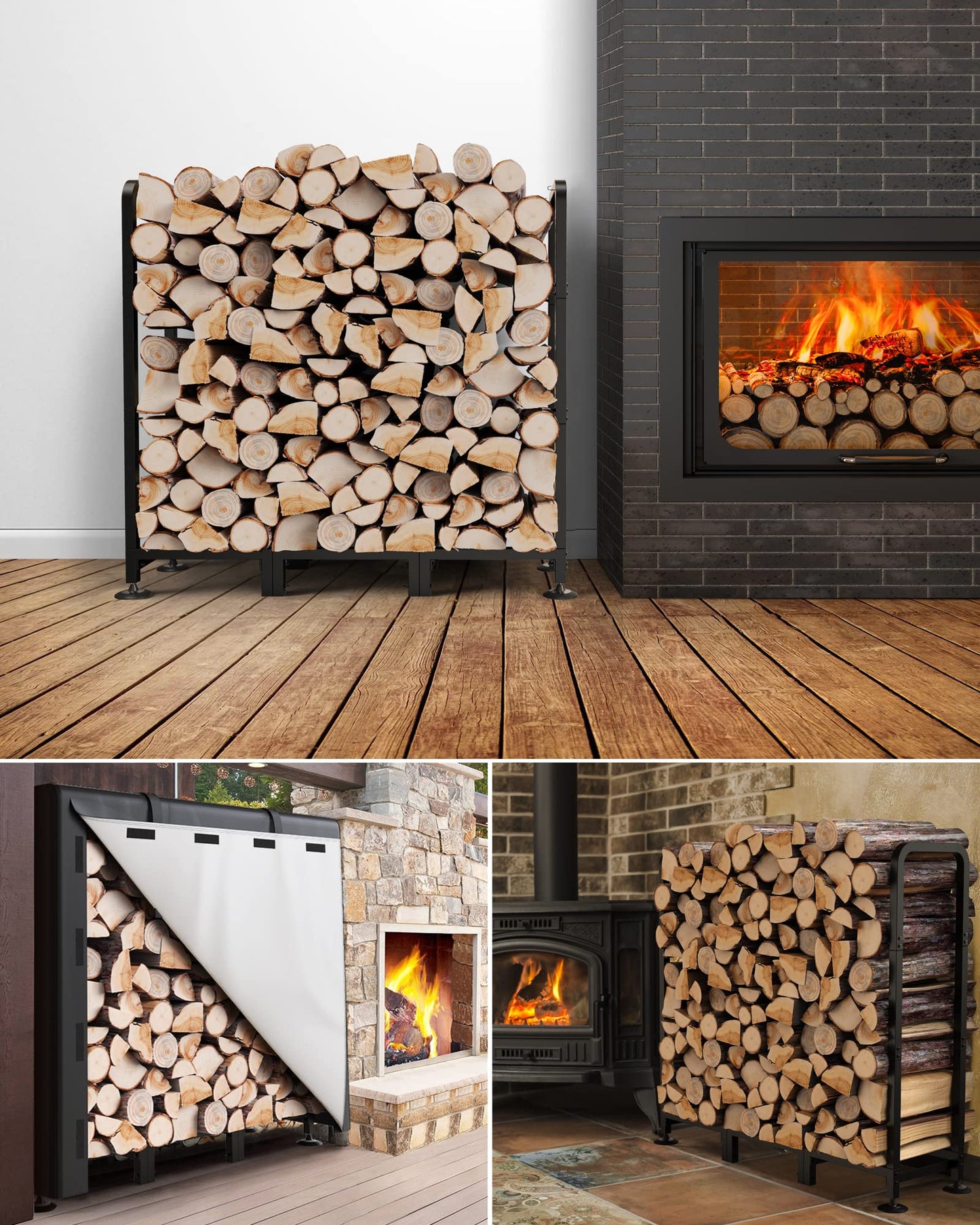 Brightown Firewood Rack Outdoor with Cover, 4FT Indoor Wood Rack for Firewood, Waterproof Fire Wood Holder Outside, Adjustable Heavy Duty Logs Stand Stacker Holder for Fireplace Patio Deck, Black