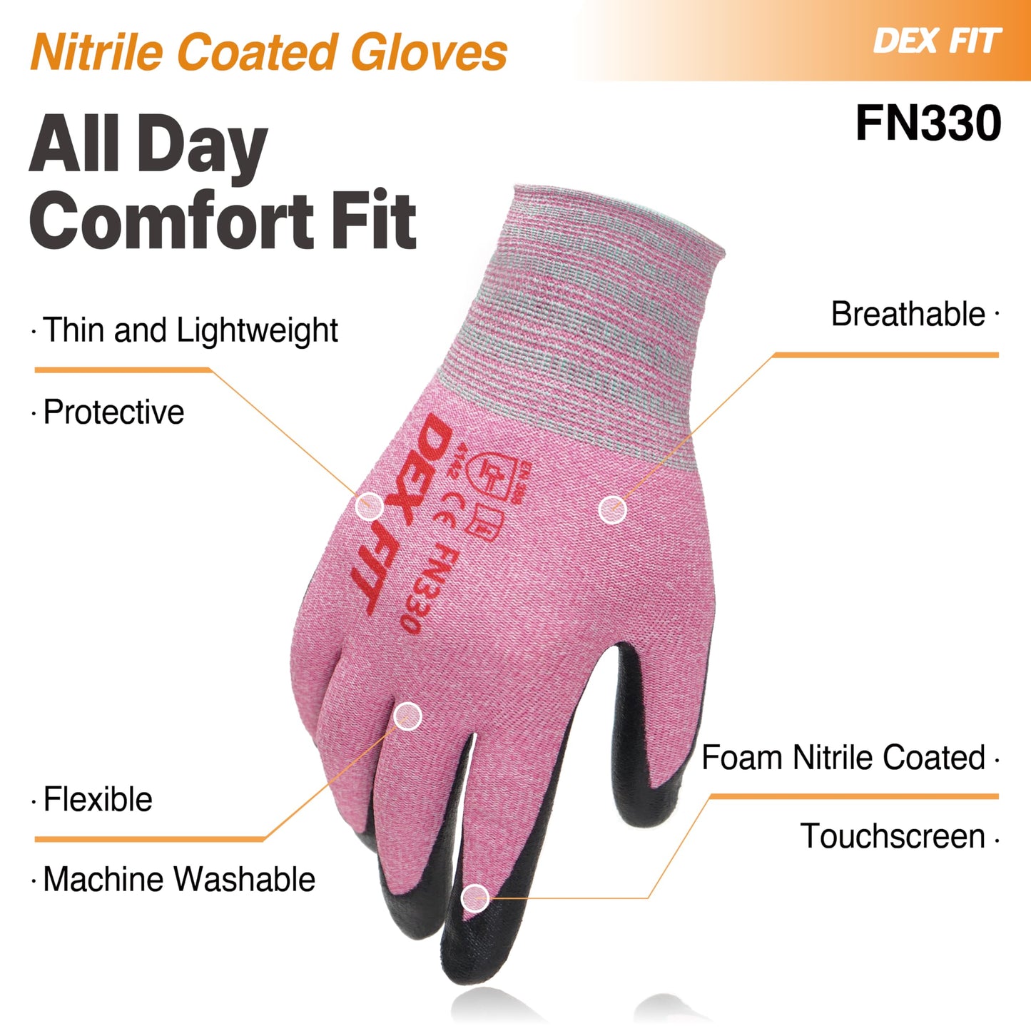 DEX FIT Nitrile Work Gloves FN330, 3 Pairs, 3D-Comfort Stretchy Fit, Firm Grip, Thin & Lightweight, Touch-Screen Compatible, Durable, Breathable & Cool, Machine Washable; Pink XL (10)