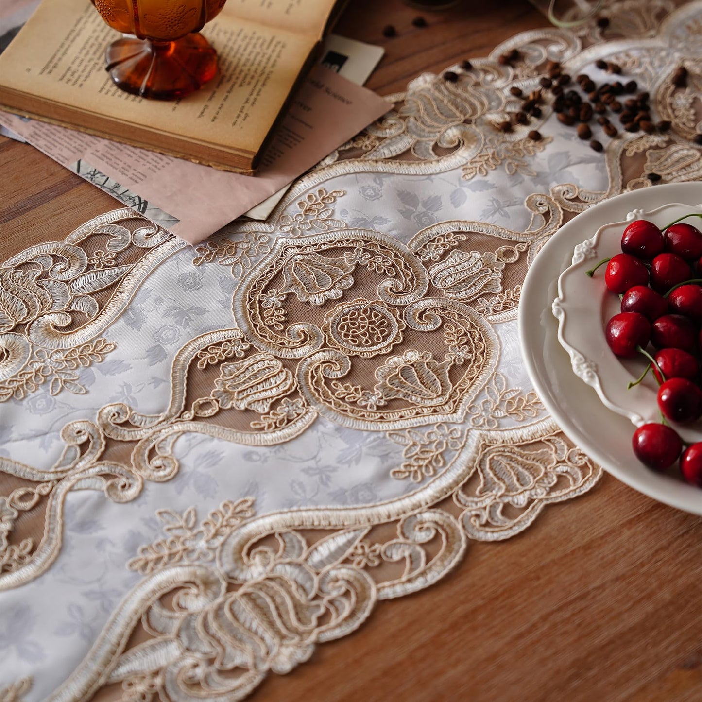 Artbloss Elegant Embroidered Lace Table Runner with Ornate Gold Floral Design Sheer Decorative Runner for Dining Table Wedding Reception Holiday Decor (Champagne Gold, 12“ x 124")