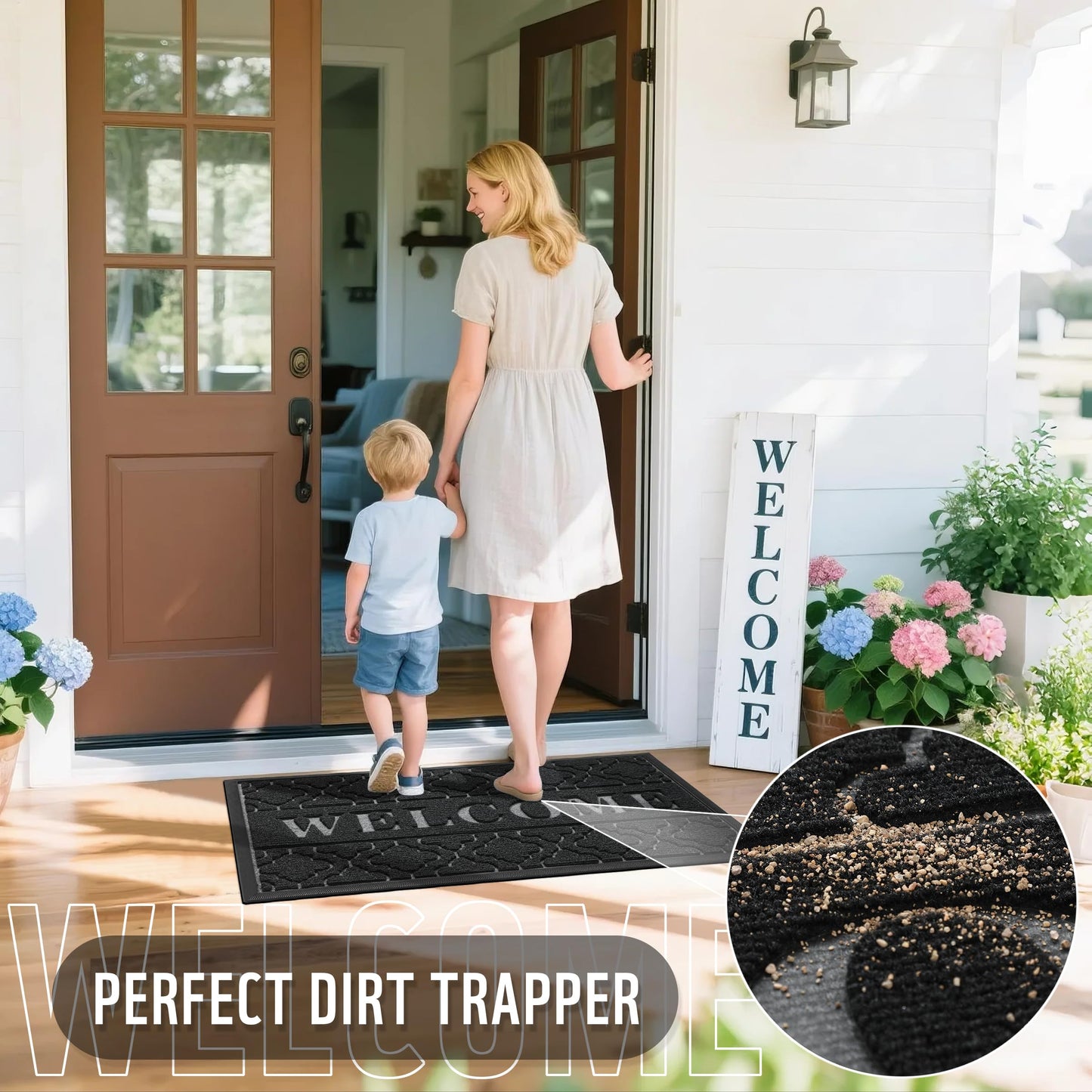 Yimobra Welcome Mat Outdoor Indoor, All-Weather Waterproof Front Door Mat Outside Entrance, Non-Slip Low Profile Porch Patio Doormat, 29.5x17, Black