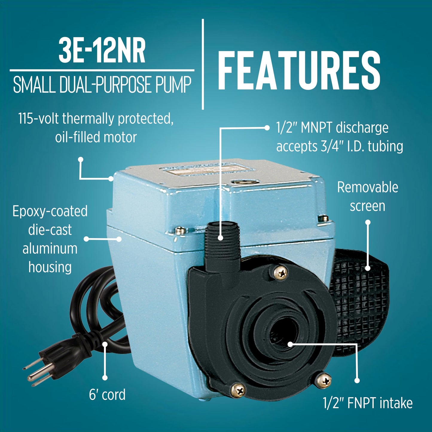 Little Giant 3E-12NR 115-Volt, 1/15 HP, 670 GPH Dual Purpose In-Line or Small Submersible, Oil-Filled Pump, 6-Ft. Cord, Blue, 503203