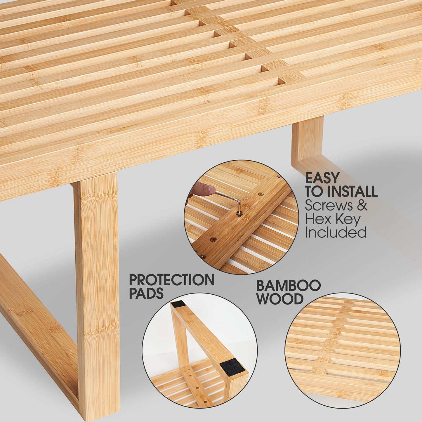 Bamboo Nelson Slat Wooden Bench, Small Wood Benches for Entryway, Living & Dining Room, Kitchen, Bedroom, Bathroom, Hallway, Front Door, For Indoor & Outdoor Patio Use, Mid Century Modern Decor