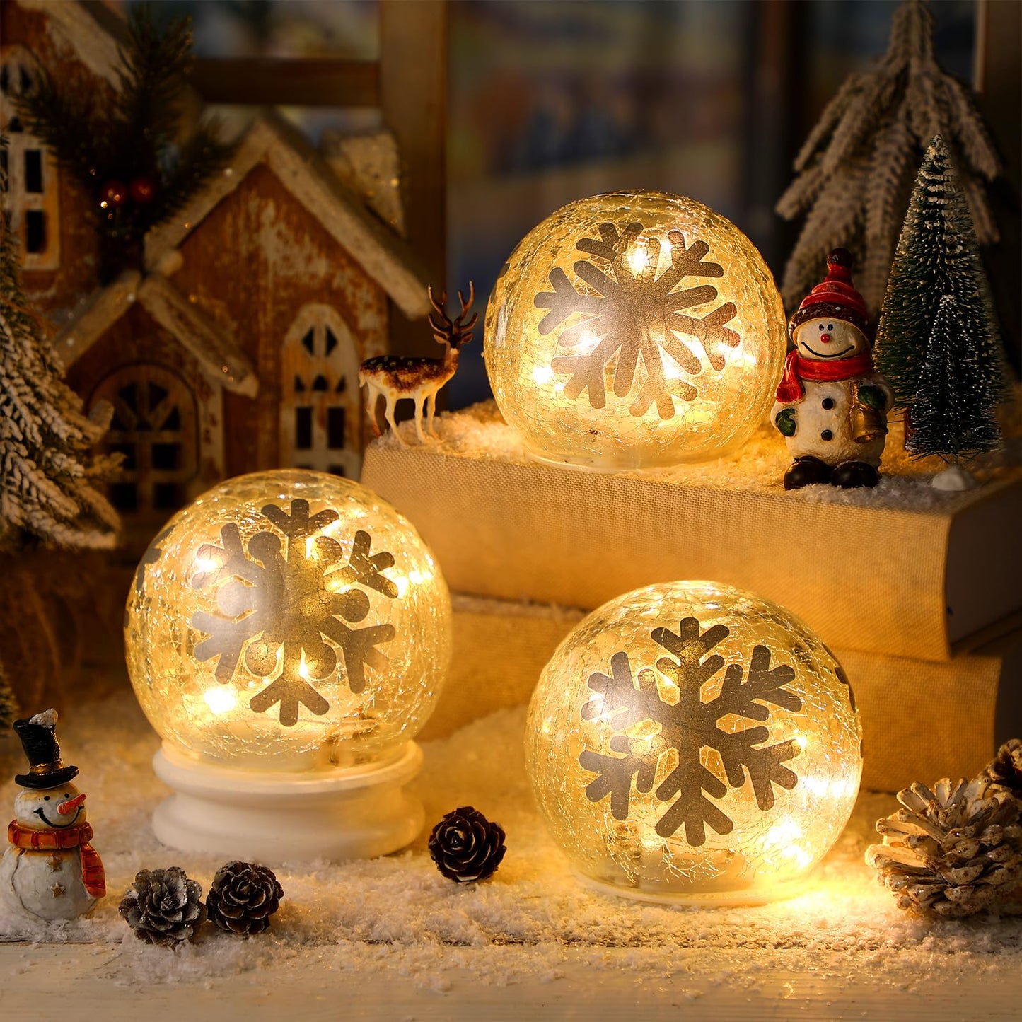 Tujoe 3 Pcs Winter Decorations Indoor 4 Crackle Snowflakes Glass Globe Ball Lamp Night Lights with LED Timer Battery Operated Lighted Decorative Tabletop Decor for Table Home Centerpiece Party Gift