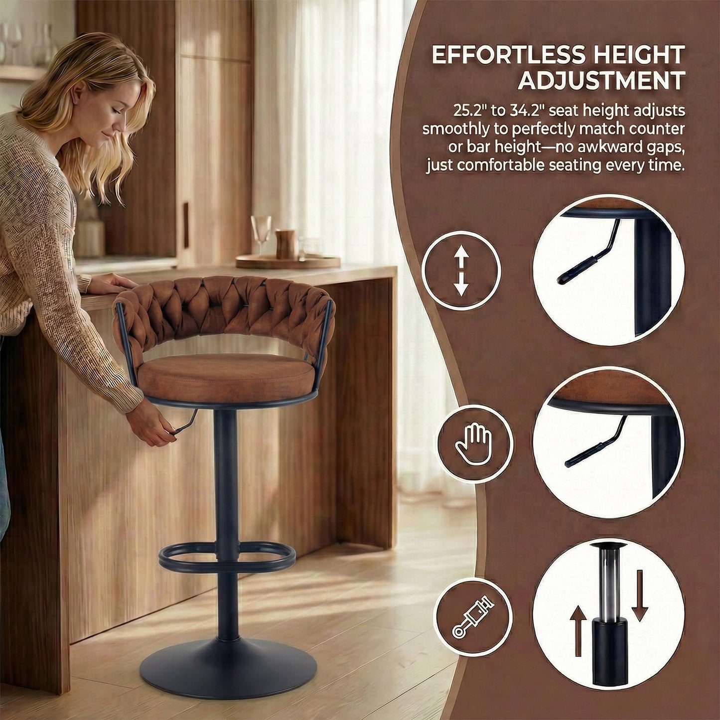 YOUNUOKE Single Swivel Bar Stool, Adjustable Height Counter Stool with Woven Back, Metal Legs & Large Footrest, Cloth Fabric Upholstery for Kitchen Island (Light Brown,1 Pack)