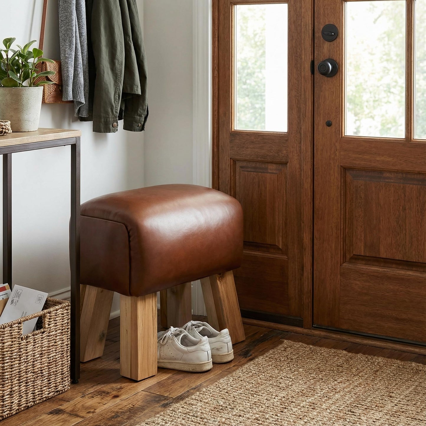 Bare Decor Gorgie Accent Stool in Brown Genuine Leather with Teak Legs Small