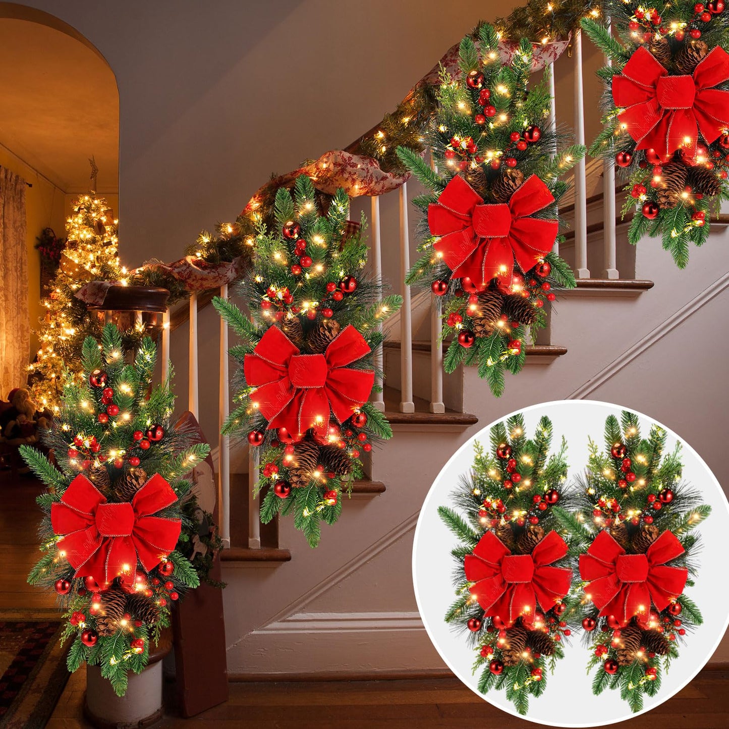 Lyrow 2 Pack Christmas Artificial Swags 24" Xmas The Cordless Prelit Stairway Swag Teardrop Trim Wreath Door Stair Garland Christmas Wreath for Outdoor Home Garden Decor (Red Ribbon)