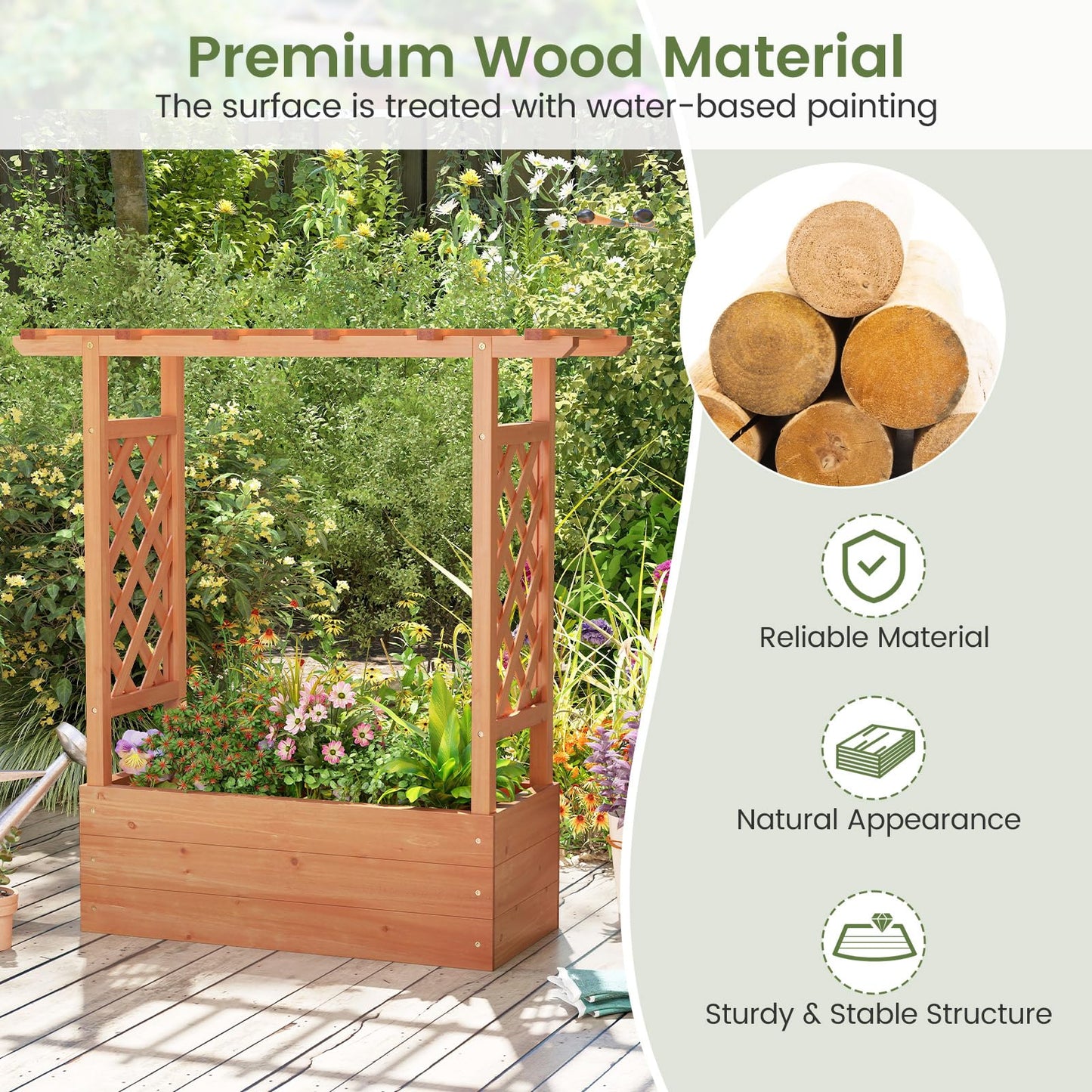 Giantex Raised Garden Bed with 2-Sided Trellis & Hanging Roof, Fir Wood Planter Box w/Drainage Holes, Freestanding Garden Planter for Flowers Herbs Climbing Vines (43"x15"x45")