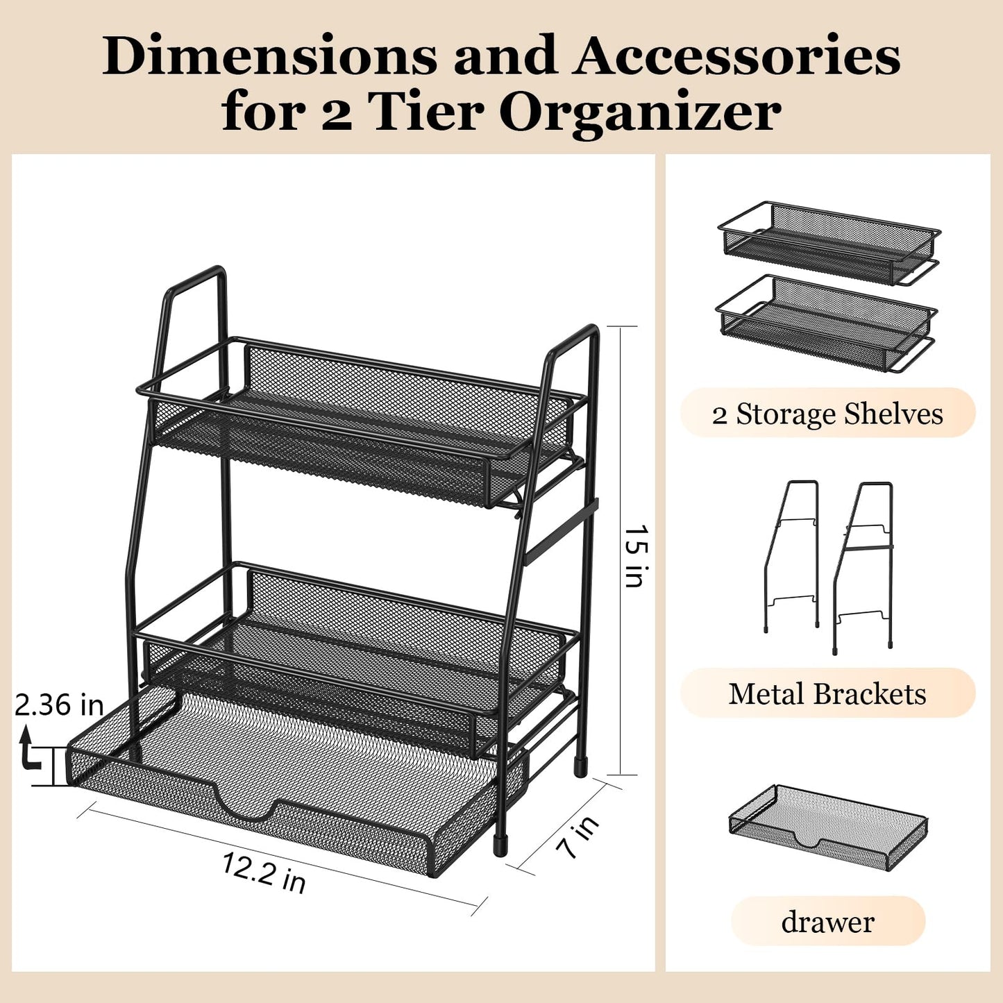 2-Tier Bathroom Counter Organizer with Drawer, Bathroom and Makeup Organizer Countertop, Easy to Install, Ideal for Bathroom organizer, Vanity, Large Skincare, Perfume, Present, and More,Black