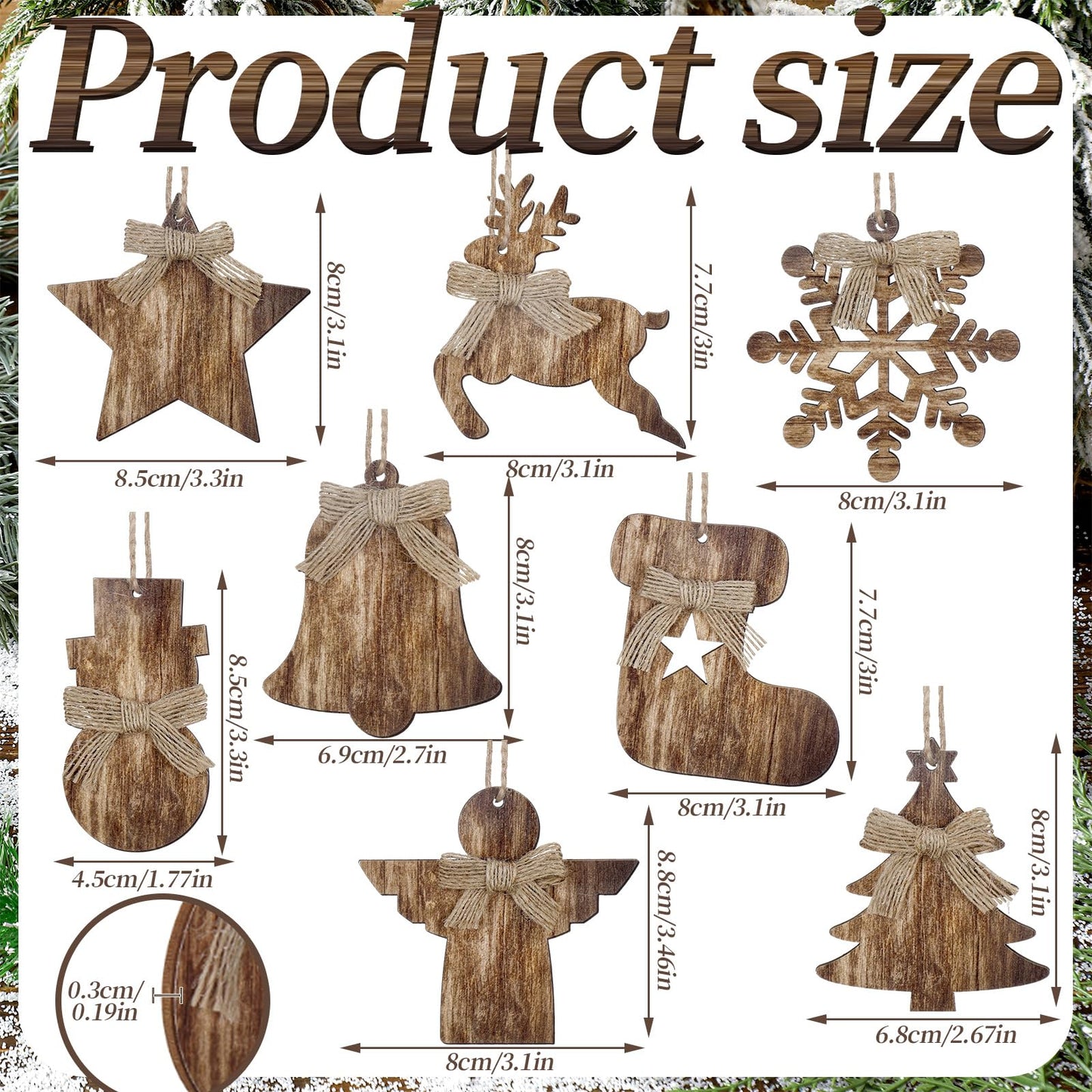 Lineshading 8 Pcs Rustic Christmas Tree Ornaments Wooden Farmhouse Christmas Ornaments Angle Snowflake Reindeer Tree Hanging Decor for Xmas Home Office Fireplace Winter (Brown,4.3 x 3.9 Inches)