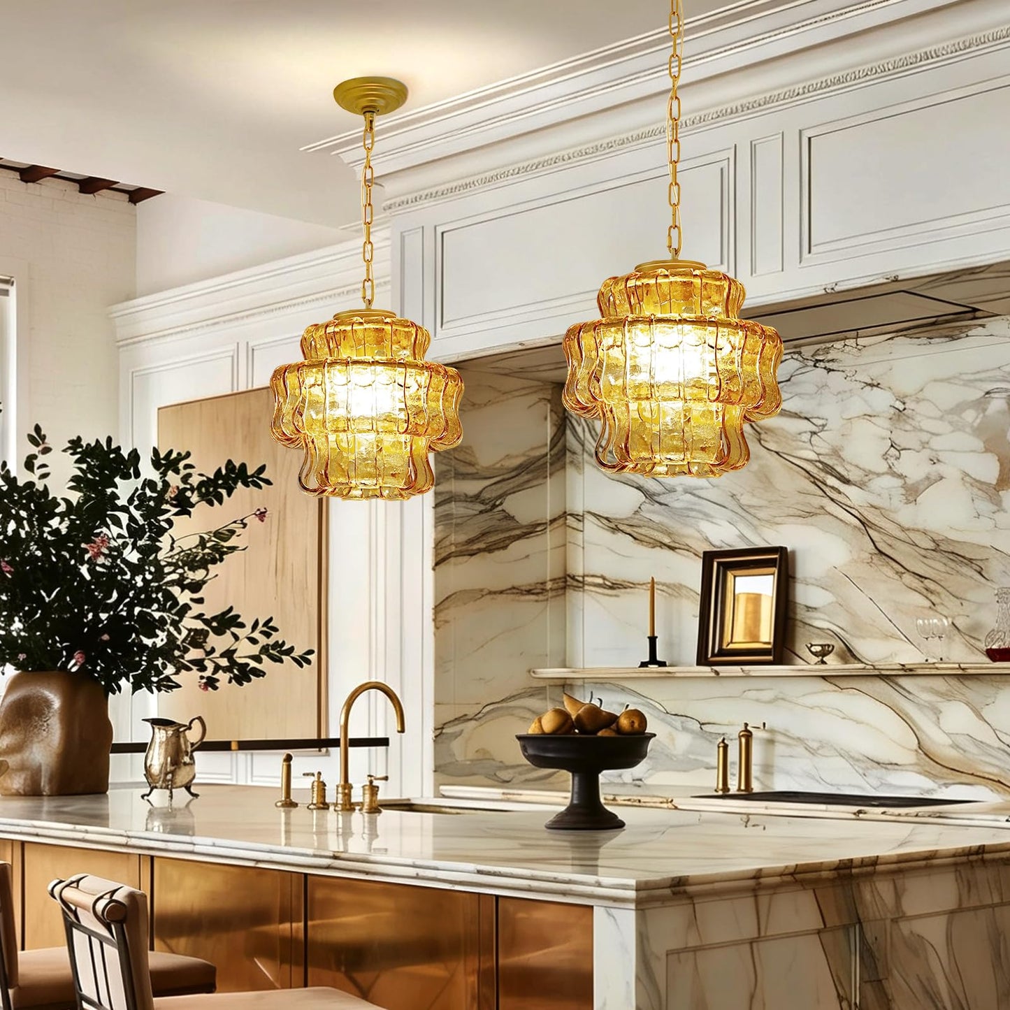 Arziheg 11.8in Kitchen Island Pendant Lights Gold, 4-Light Glass Dining Room Light, Height Adjustable 3 Layer Luxury Modern Pendant Light Fixture for Foyer Bedroom Entryway Hallway(Amber Glass)