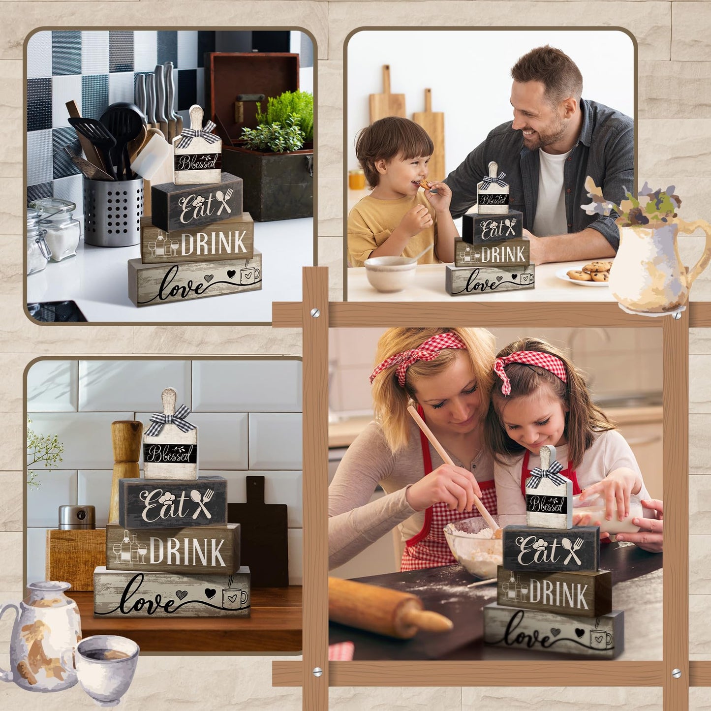 Moucuny 4 Pcs Farmhouse Kitchen Decor Wooden Plate Farmhouse Table Decor Black Brown and White Plate Tableware Centerpiece Rustic Decorative Plates Block Sign for Display Cabinet Kitchen Decoration