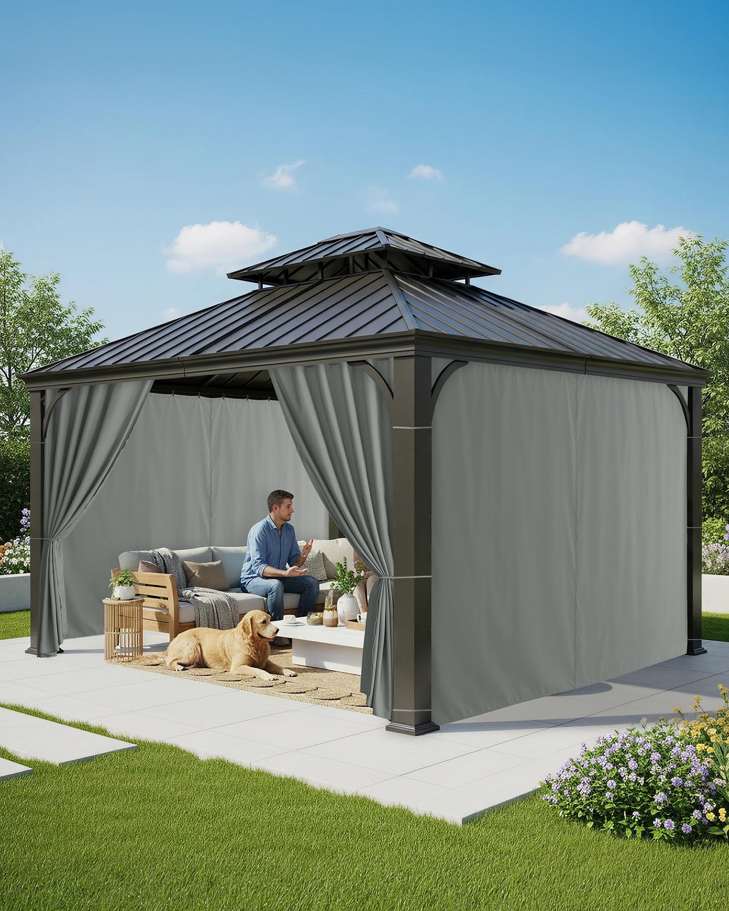 RichSets Gazebo Curtains Outdoor Waterproof - 10'Wx10'Lx7'H Weatherproof Patio Pergola Outside Curtains, Gazebo Universal Replacement Privacy Curtains, 4 Panels Sidewall Drapes with Zipper, Grey