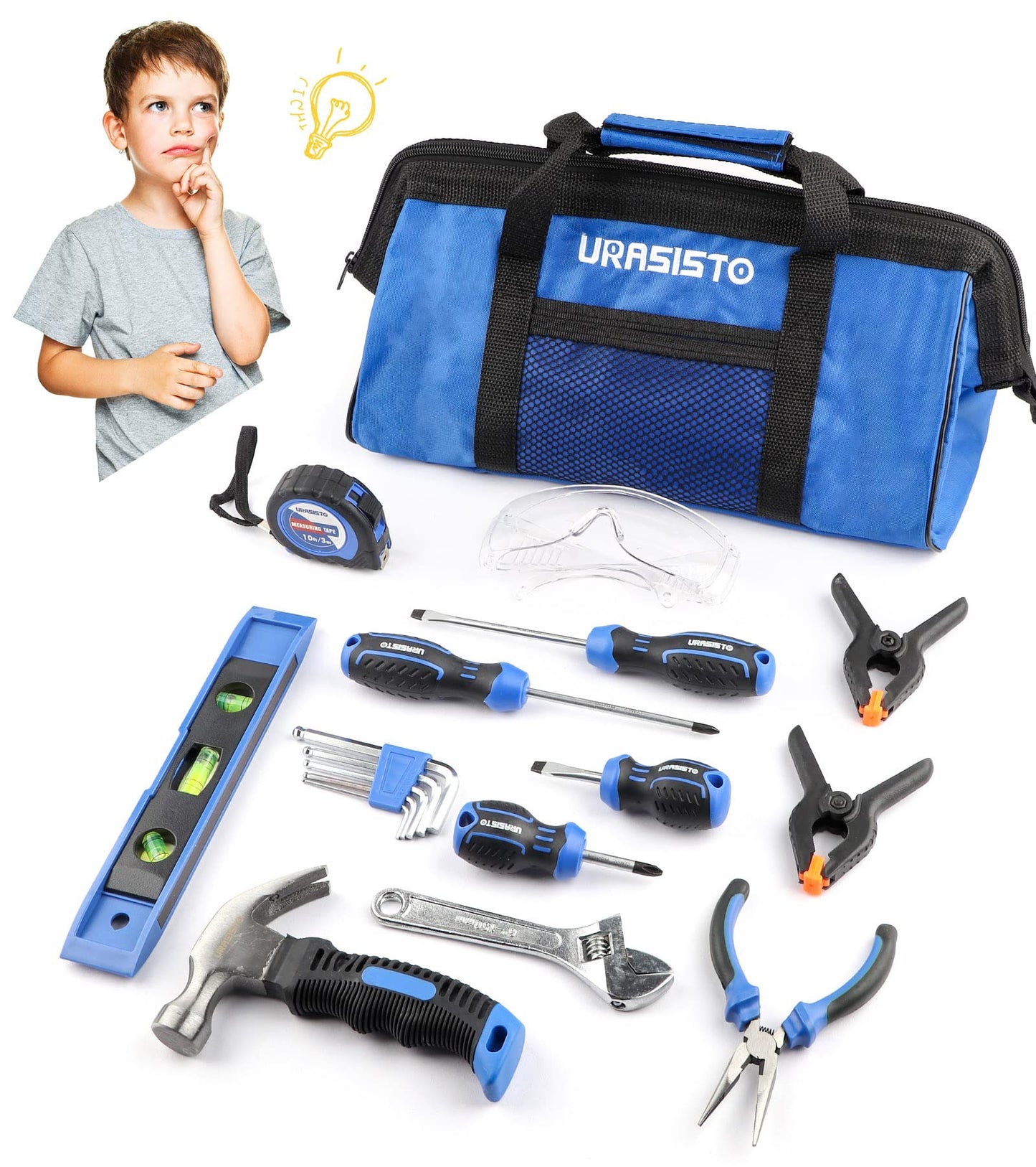URASISTO 18-Piece Kids Tool Set with Tool Storage Bag, Junior Real Hand Tool Kit for Boys & Girls, Children Learning Tools for DIY Building and Woodworking, Age 8+