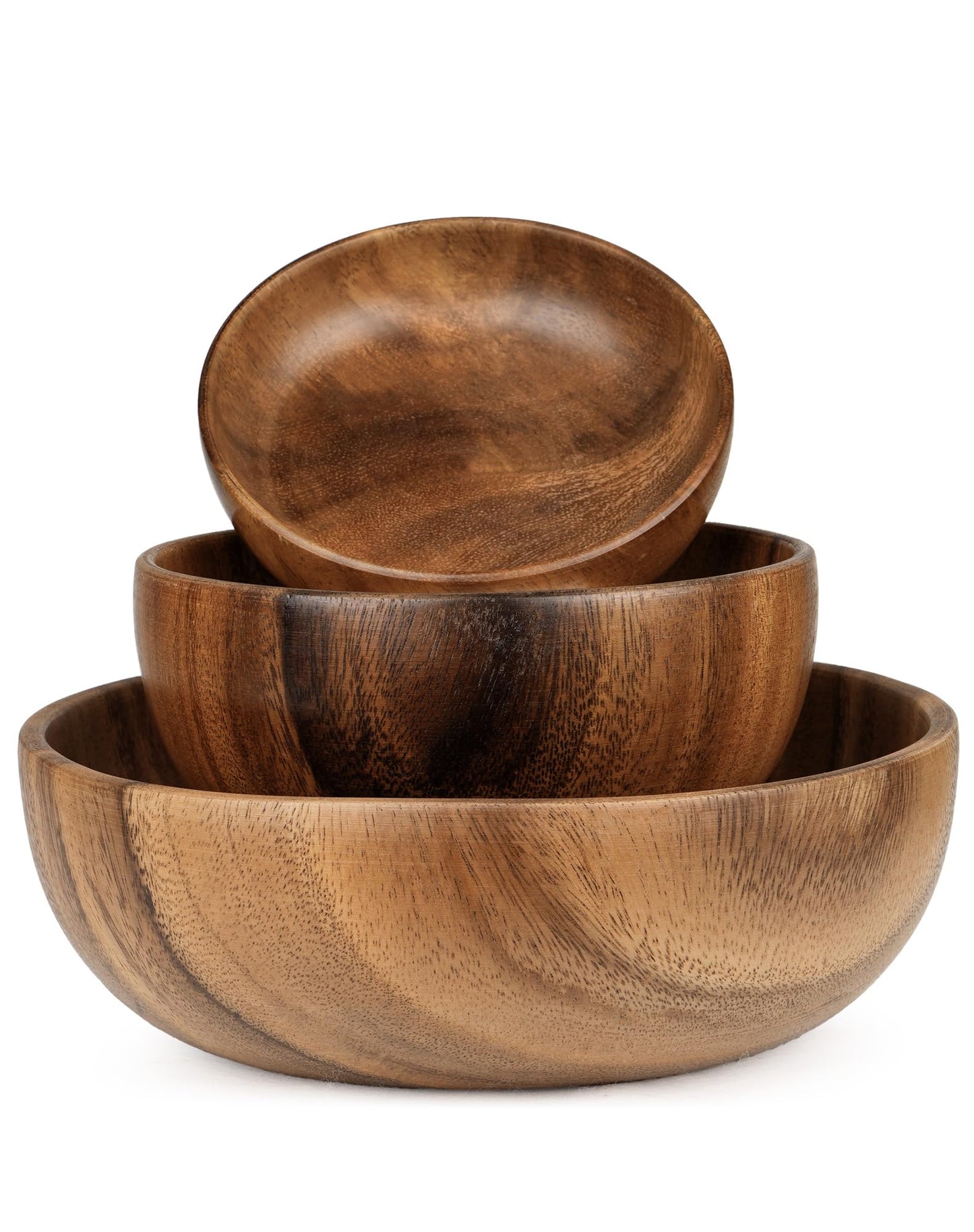 GleeNflux Acacia Wood Salad Bowl Set, 3-Piece Natural Solid Wood Serving Bowls, Handcrafted & Hand-Polished, Wooden Salad Bowls for Kitchen & Dining for Pasta, Yogurt, Fruit, Snacks & Gift Giving