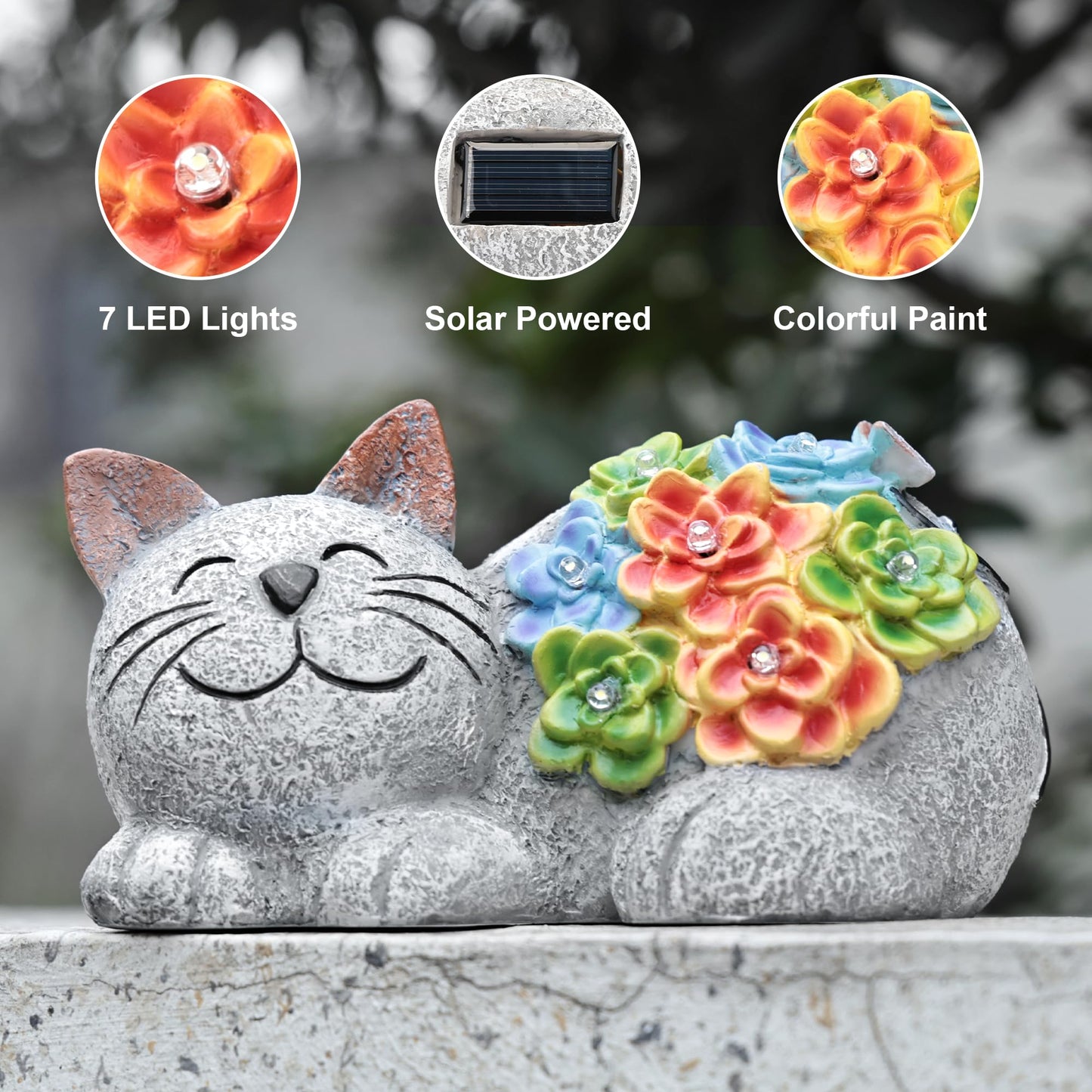 Otdair Solar Cat Decor, Birthday Gifts for Women with Succulent and 7 LED Lights, Christmas Gifts for Mom, Seniors, House Warming New Home Garden Decor for Cat Lover