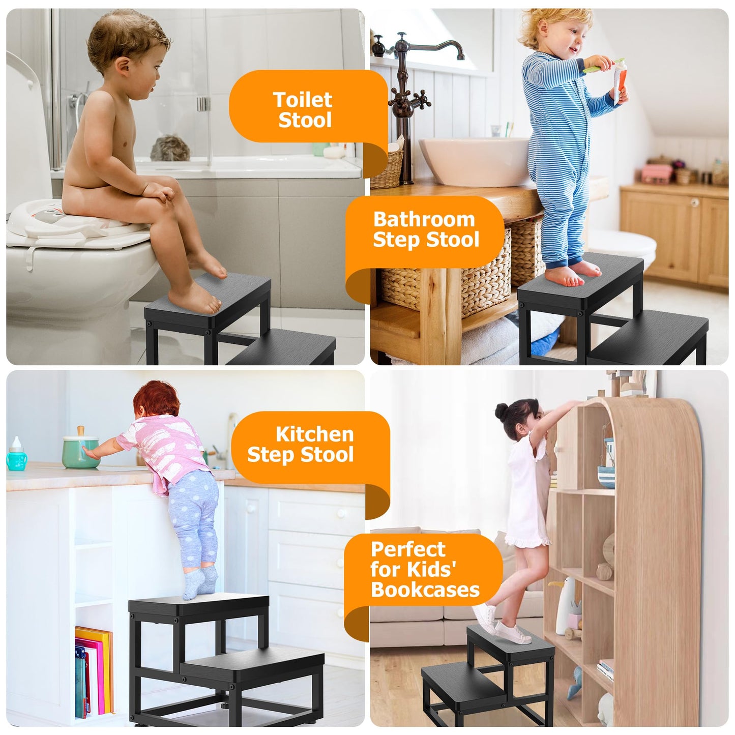 Step Stools for Adults Kids, Heavy Duty Stepping Stools Wooden Bed Step Stools for High Beds, Non-Slip 2 Bedside Foot Stool with 500 Lbs Capacity for Bedroom Kitchen Bathroom Outside, Easy Assembly