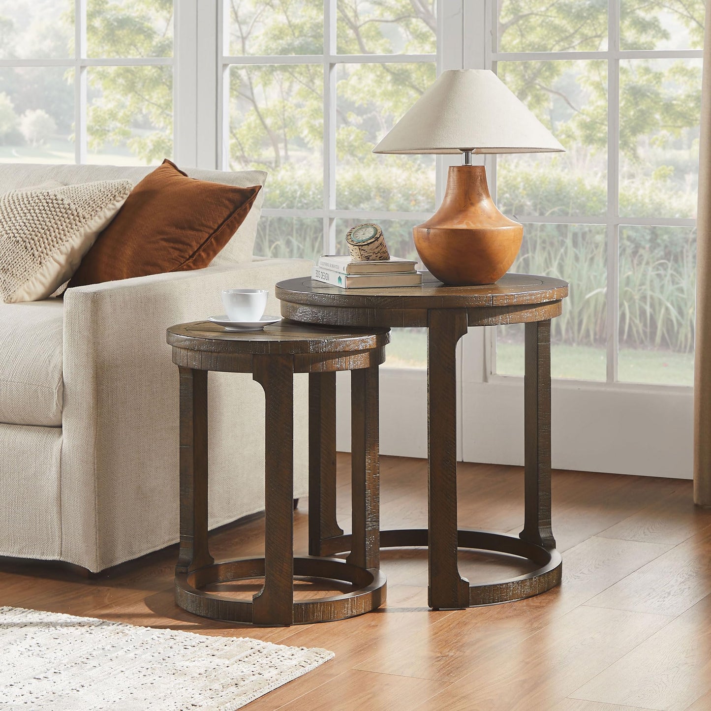 WILLIAMSPACE 24" Round Nesting Coffee Table Set of 2, Solid Wood Coffee Tables Mid Century Rustic Farmhouse Side End Tea Table for Living Room, Apartment (Drak Brown)