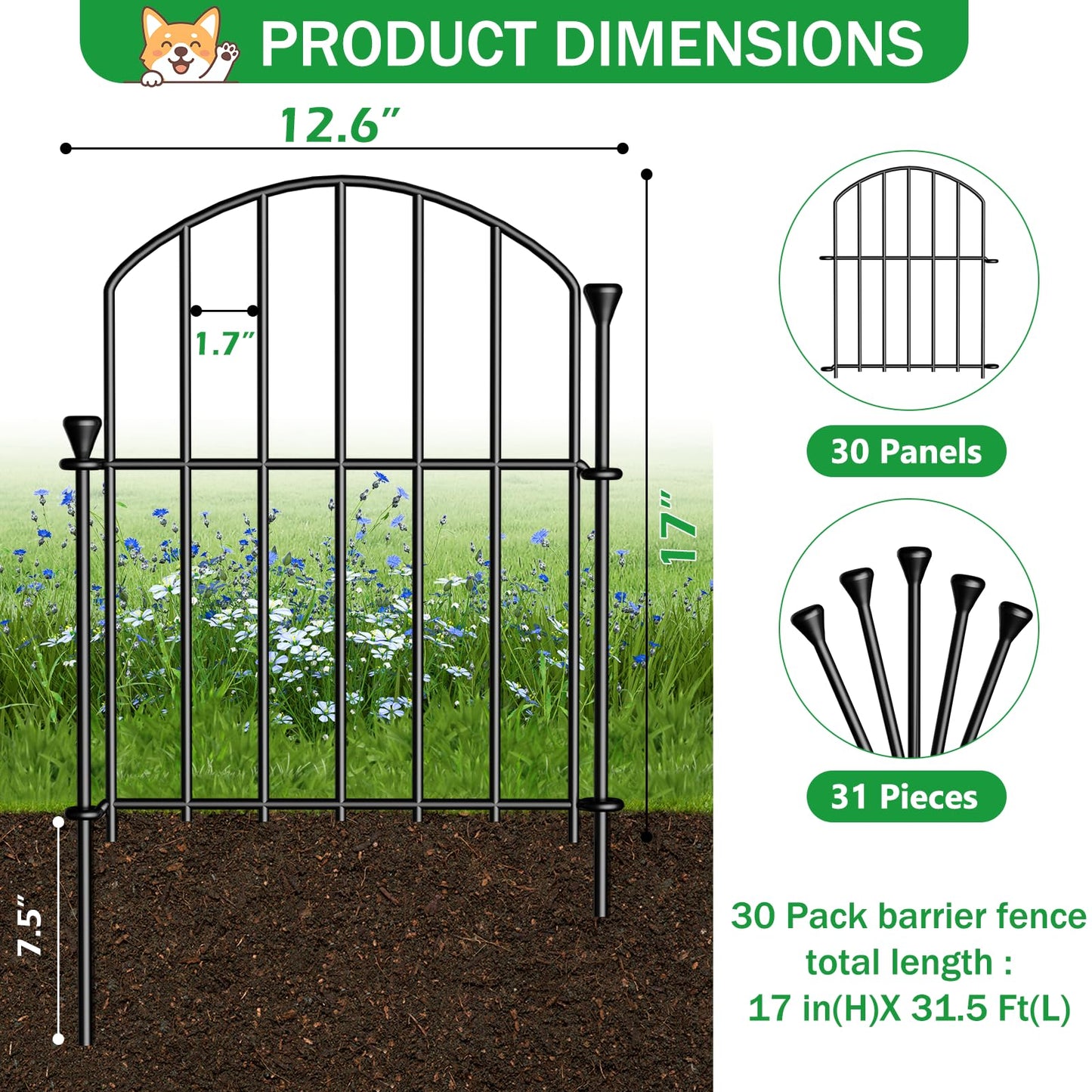 30 Pack Decorative Garden Fence Panels, 17in(H) x 31.5ft(L), Rustproof Metal No Dig Fence, Animal Barrier for Dogs & Rabbits, Anti Digging Fencing for Flower Bed Edging, Yard, Patio & Outdoor