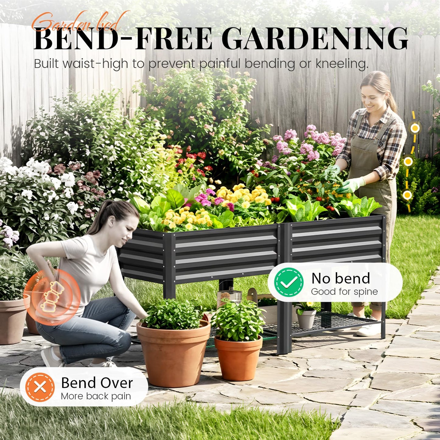KING BIRD Large Raised Garden Bed with Legs & Storage Shelf Galvanized Elevated Planter Box for Backyard, Patio, Balcony, 600lb Capacity, Dark Grey 70.9x22.8x31.5 in
