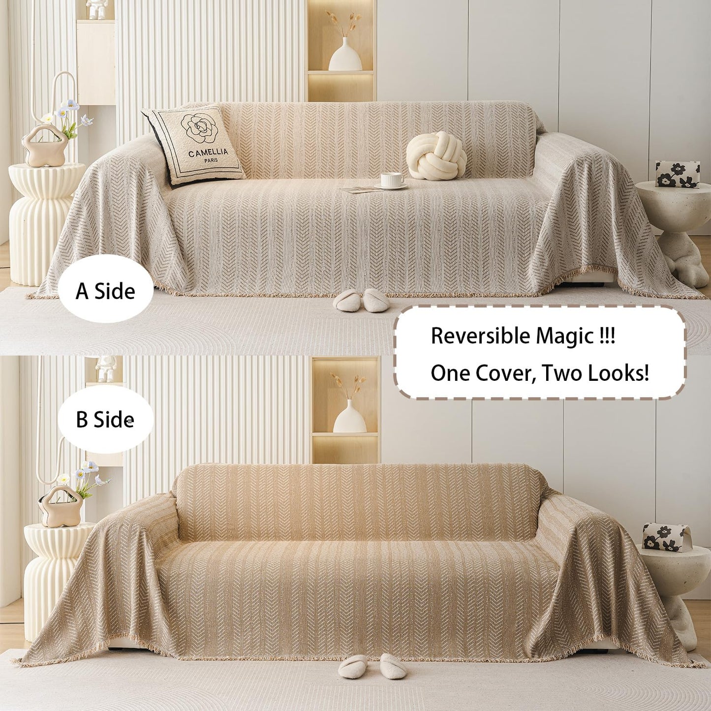 EvaLoome Chenille Sofa Throw Blanket with Herringbone Pattern and Tassel Edges, Thick & Soft Couch Cover, Machine Washable, Anti-Slip, Pet-Friendly, Fits 2/3-Seater (Beige, 71″x134″)