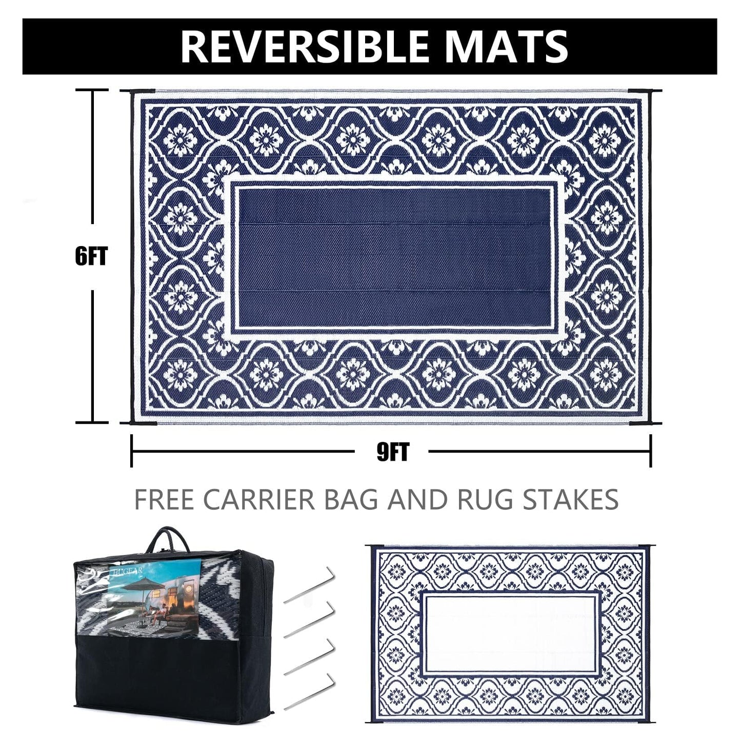 HUGEAR Plastic Outdoor Rug 6'x9' Waterproof Camping Carpet Outside Reversible Area Rug Blue Rugs for RV Deck Entryance Porch Picnic Balcony Beach