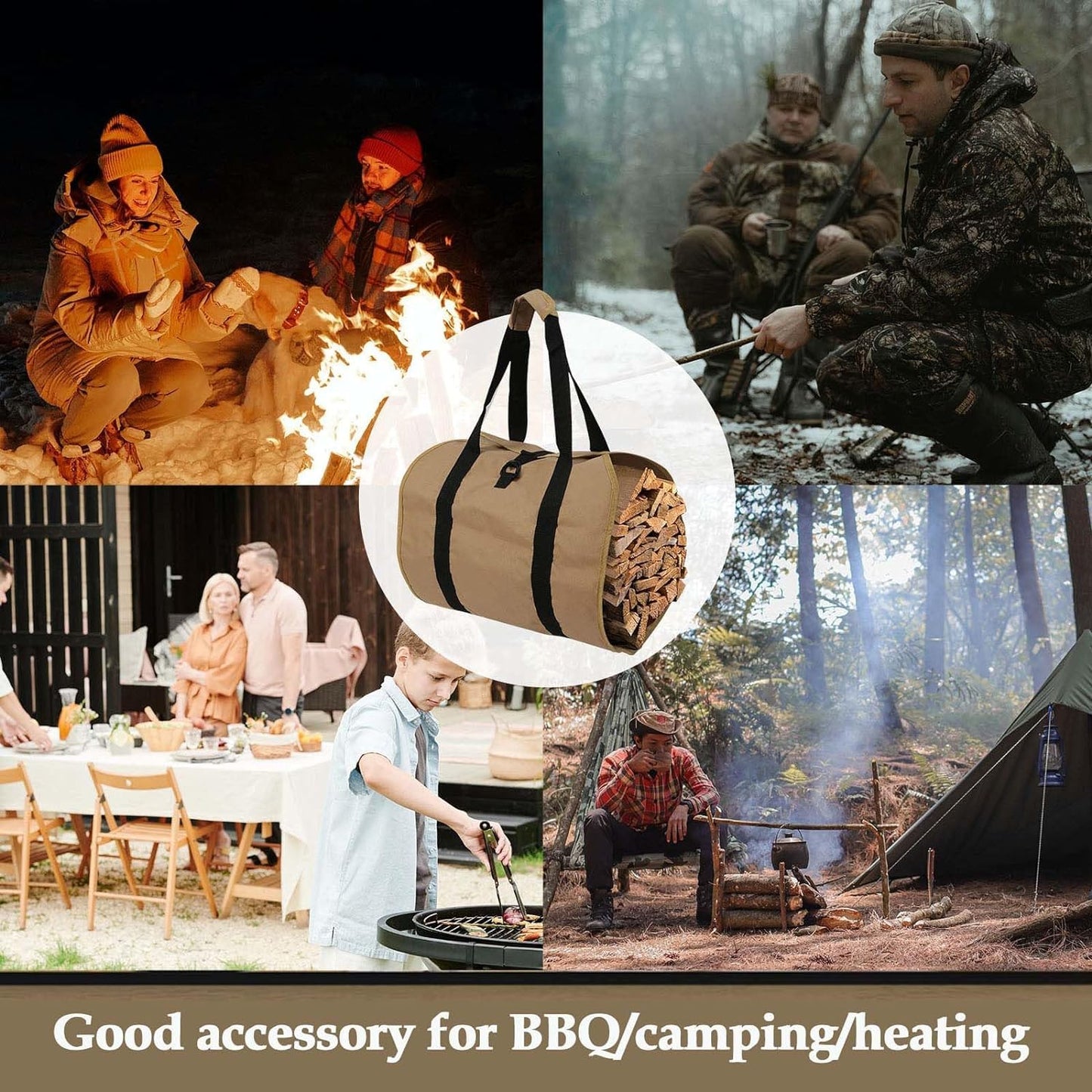 BREENHILL 2Pcs Firewood Bag Carrier, Durable Log Carrier Tote Wood Bag Firewood Holder Fireplace Wood Stove Accessories for Camping