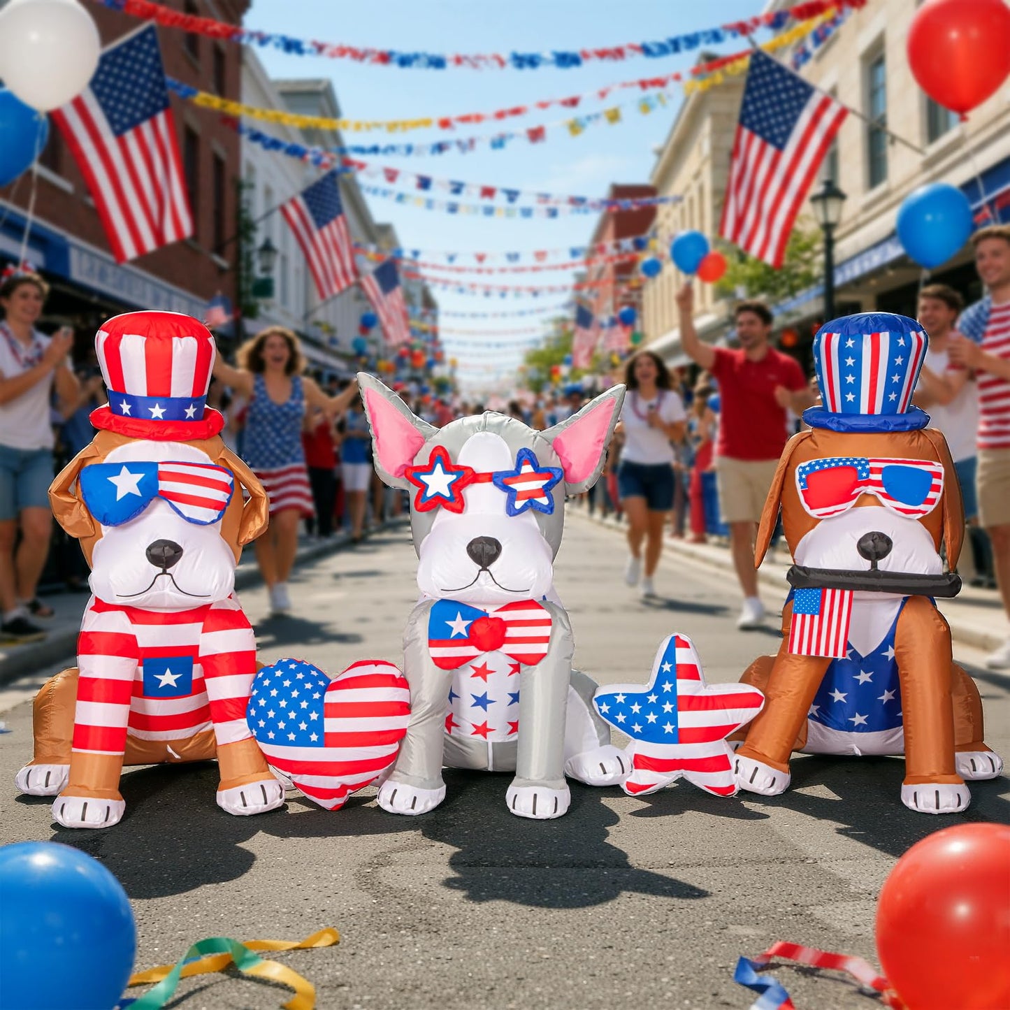 Spinosaurus 7FT 4th of July Inflatables Outdoor Decoration 3dog USA Flag Print Heart Star with LEDs Blow Up Independence Day Patriotic Holiday Yard Decorations