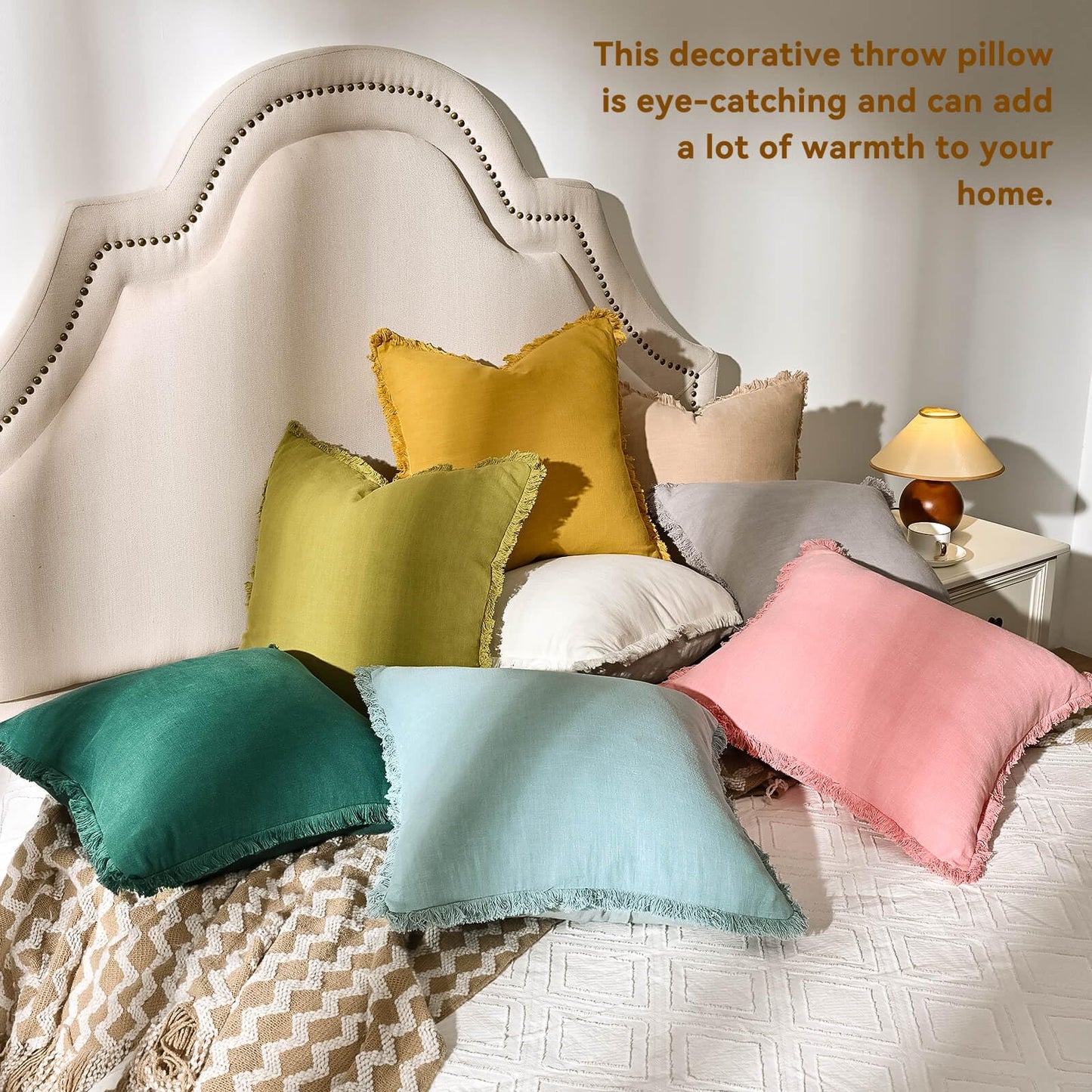 AmHoo Pack of 2 Linen Pillow Covers with Tassels Fringed Decorative Rustic Natural Throw Pillowcase Cushion for Couch Sofa Bedroom 18 x 18-Inch Mustard Yellow