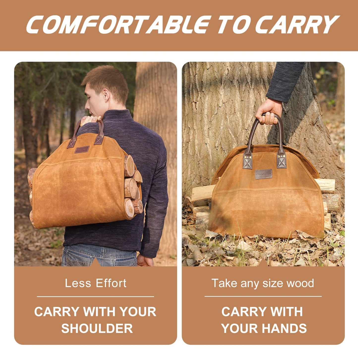GOOD GAIN Firewood Carrier Waxed Canvas with Faux Leather Handle, Wood Carrier for Firewood, 36x18.5in Heavy Duty Firewood Storage Tote, Fireplace Log Carrier Indoor Bag, Wood Stove Accessories. Khaki