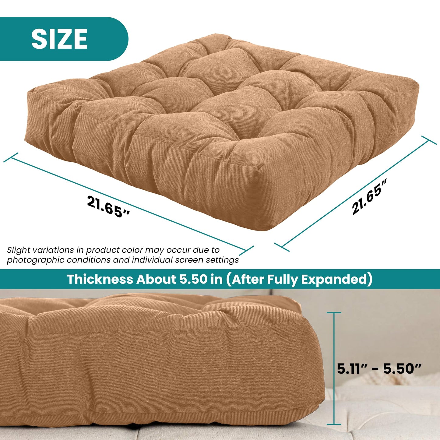 NEST & LOOM Floor Cushions - Large Square Tufted Floor Pillow, Meditation Cushion, Floor Chair Pillow for Seating & Lounging - Soft & Supportive, Brown - 21.65" x 21.65"