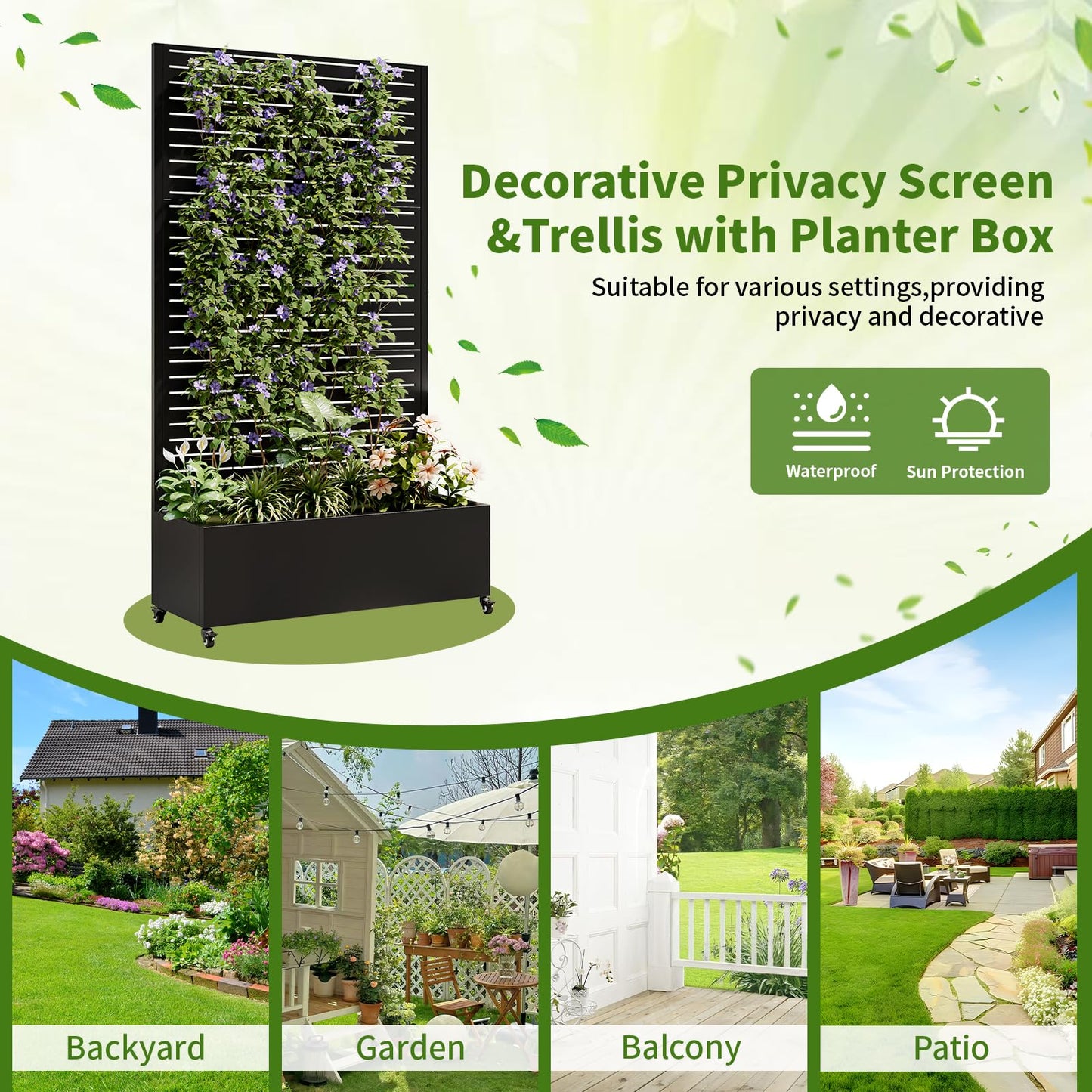 Metal Planter Box with Trellis and Wheels, 73"x35"x16" Galvanized Steel Raised Garden Bed with Drainage Holes and Privacy Screen Function for Climbing Plants, Vegetables, Flowers, and Vines–Black