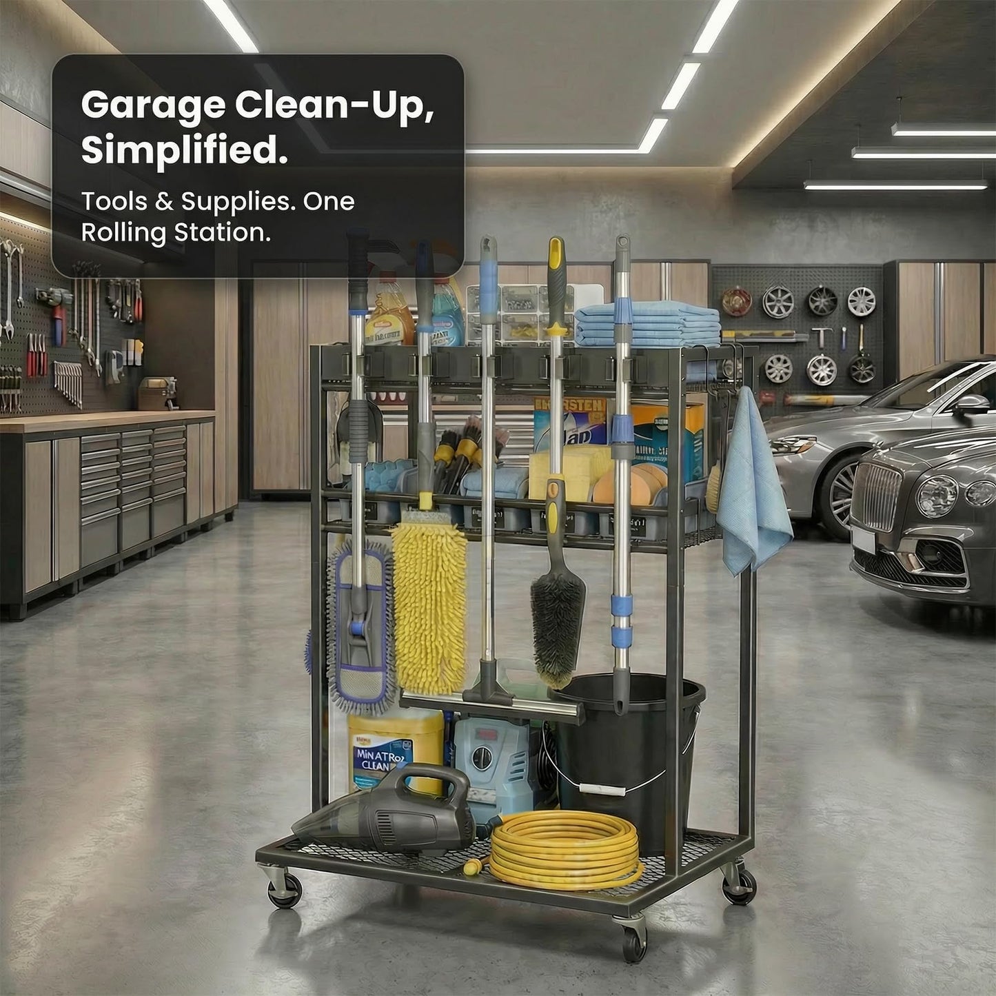 Multifunctional Mobile Cleaning Station, Rolling Cleaning Cart and Cleaning Tool Station with 5 Mop Grippers, 6 Hooks for Laundry Room, Kitchen, Garage, Garden and Pool Area Cleaning Storage
