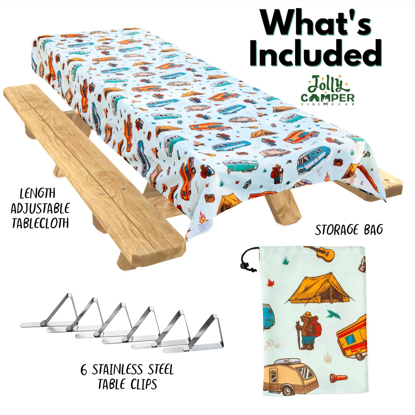 Jolly Camper Camping Tablecloth, Picnic Tablecloth, Fits 4ft to 8ft Picnic Tables, Polyester, Washable & Reusable, Spill & Stain Resistant, Water Repellent, Table Cloth for Picnic Table - Vintage RV