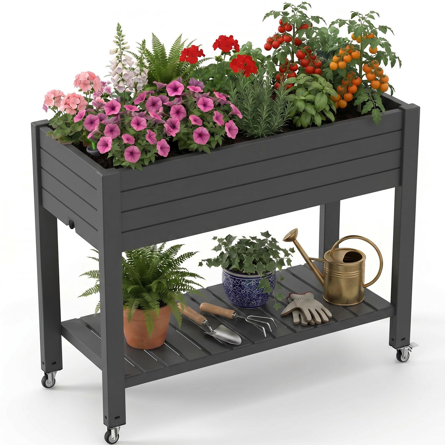 EFU Raised Garden Beds Outdoor, with Wheels for Mobility, Extra Storage Shelf, Water Level Monitoring, 21 Gallon Planter Raised Beds for Vegetables, Herbs, Fruits, Backyard, Patio, Balcony (Black)